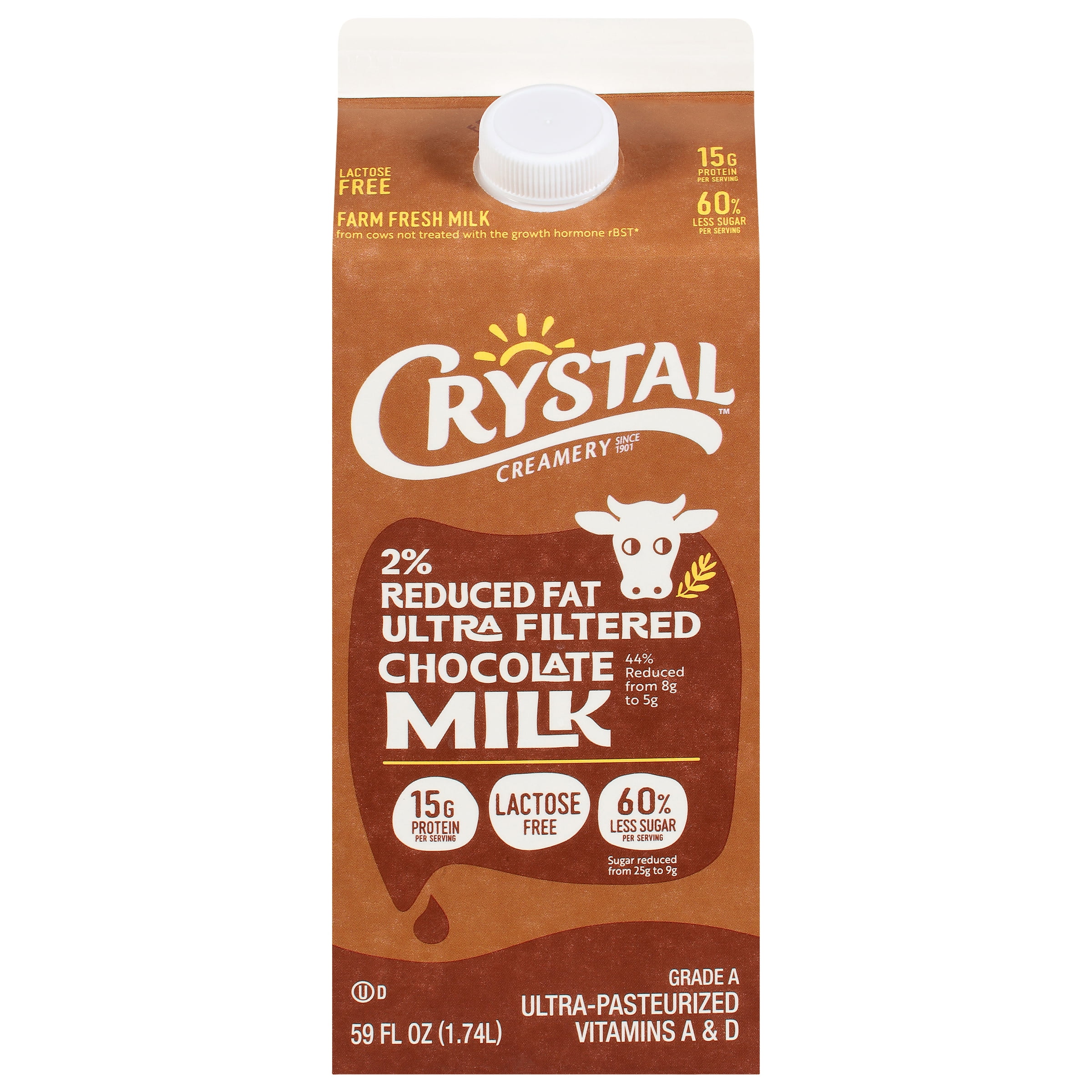 Crystal Creamery Ultra Filtered Reduced Fat Chocolate Milk, 59 oz Carton