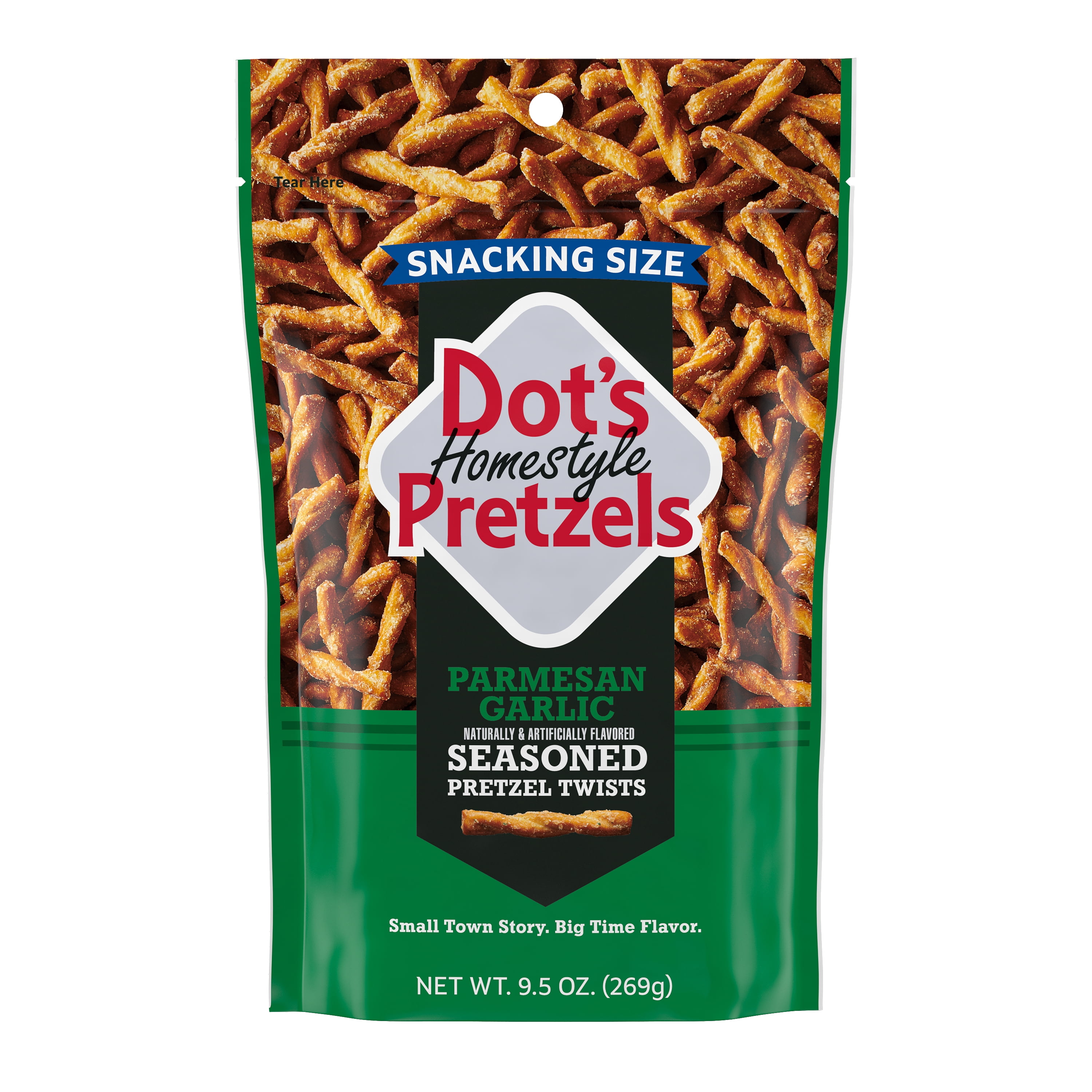 DOT'S Homestyle Pretzels Parmesan Garlic Flavored Snacking Size, Seasoned Pretzel Twists Bag, 9.5 oz