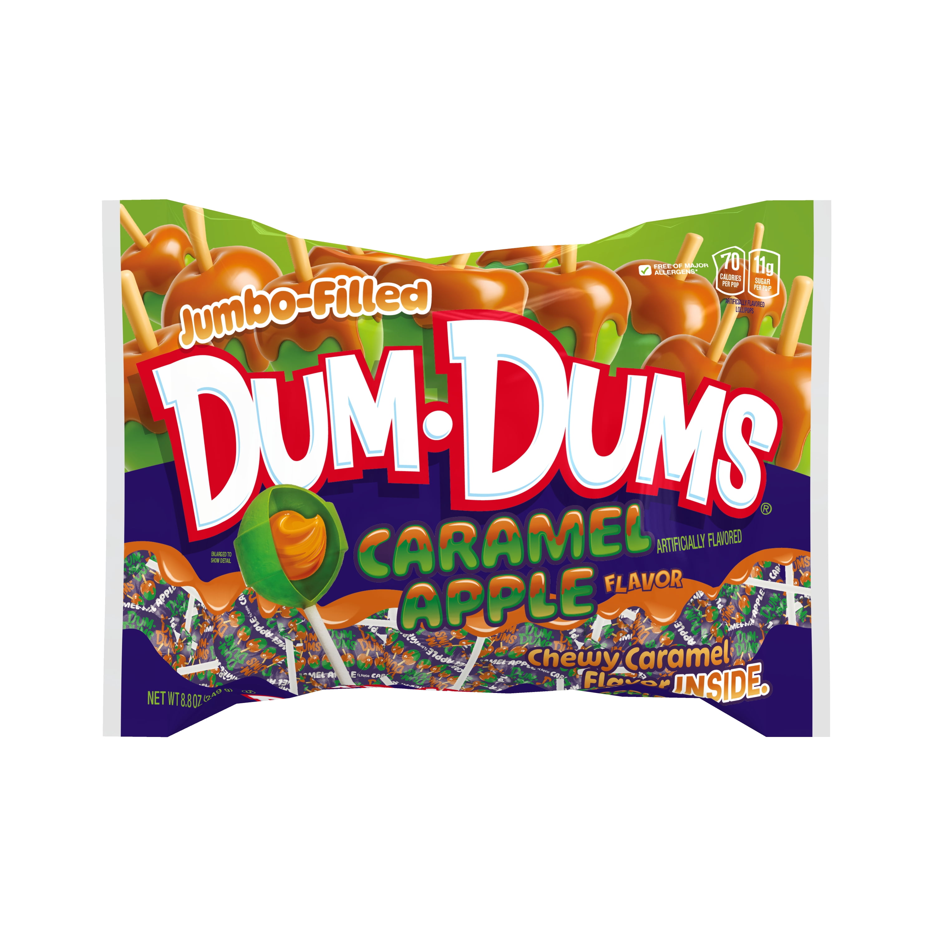 Dum Dums Jumbo Caramel Apple Flavored Lollipops, Filled Halloween Candy, Allergen Free, Hard Candy for Trick or Treat and Party Favors, 8.8 oz Bag