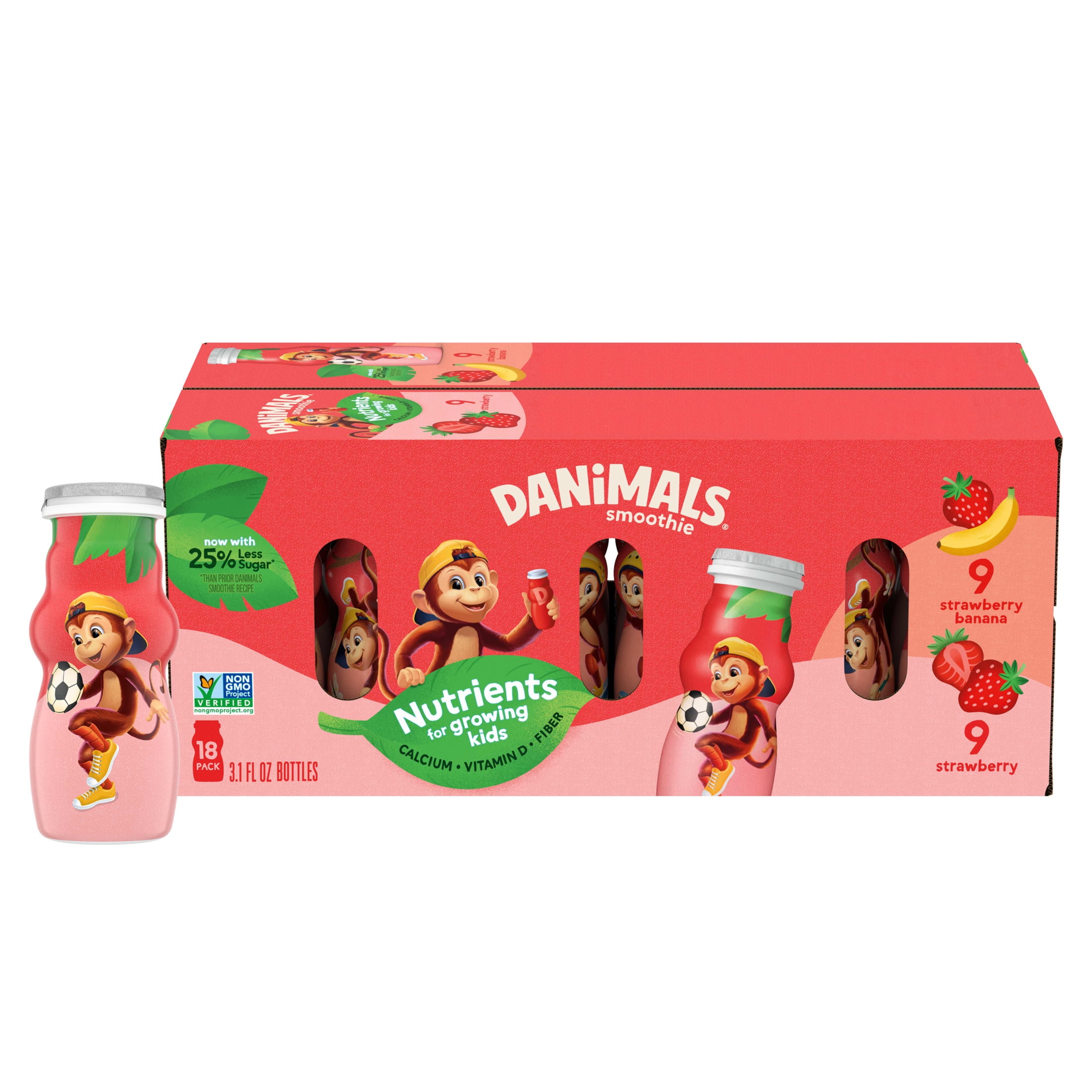 Danimals Smoothie Strawberry and Strawberry Banana Low Fat Dairy Drink Smoothie Bottles, Multi-Pack, 3.1 fl oz, 18 Count