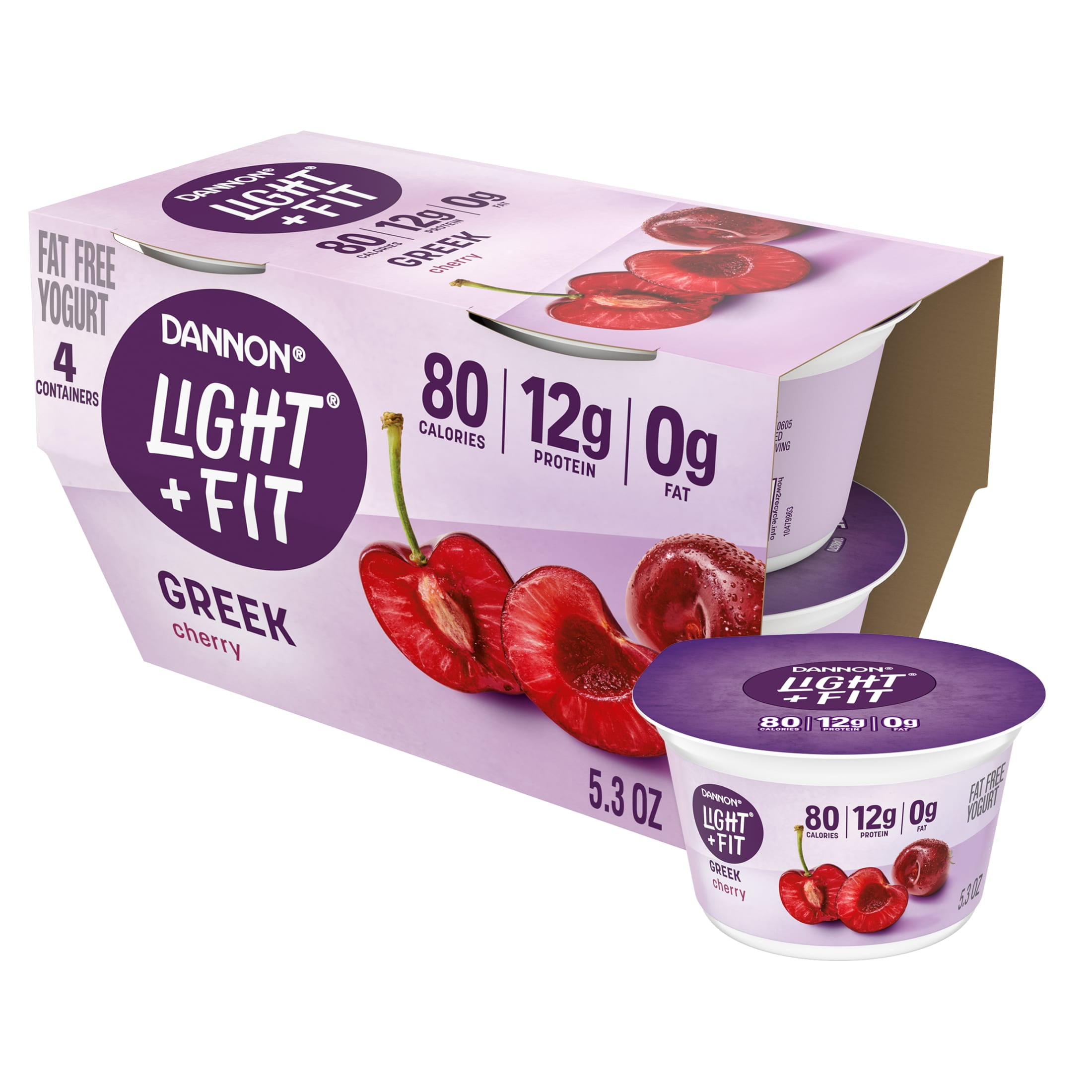 Dannon Light + Fit Cherry Greek Fat FreeYogurt Cups, Convenient AnytimeSnacks, 5.3 oz, 4 Count
