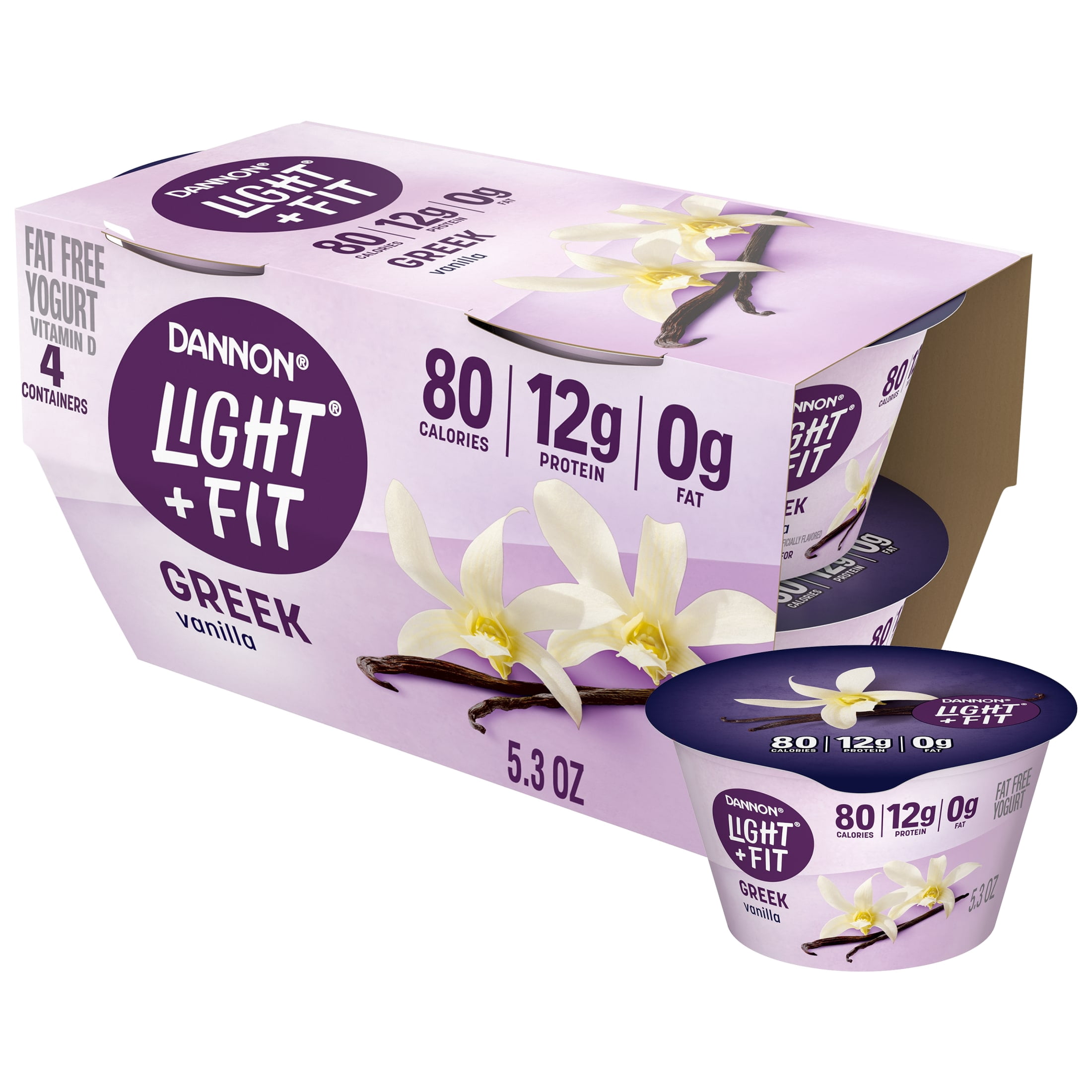 Dannon Light + Fit Vanilla Greek Fat FreeYogurt Cups, Convenient AnytimeSnacks, 5.3 oz, 4 Count
