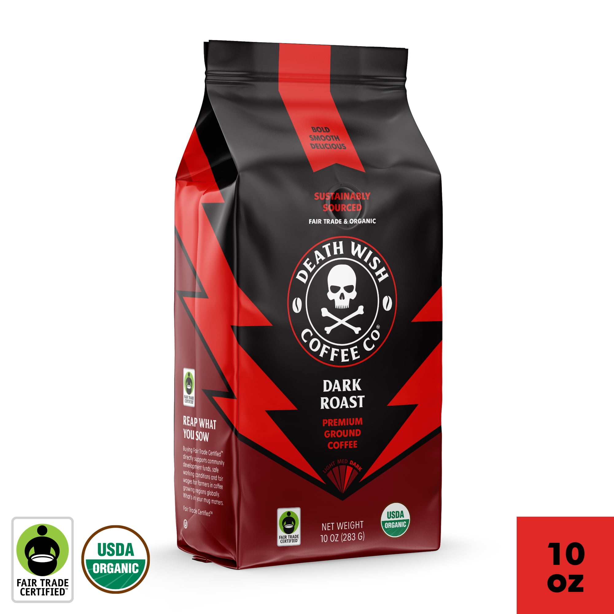 Death Wish Coffee Co., Organic and Fair Trade, Ground Coffee, Dark Roast, 10 oz