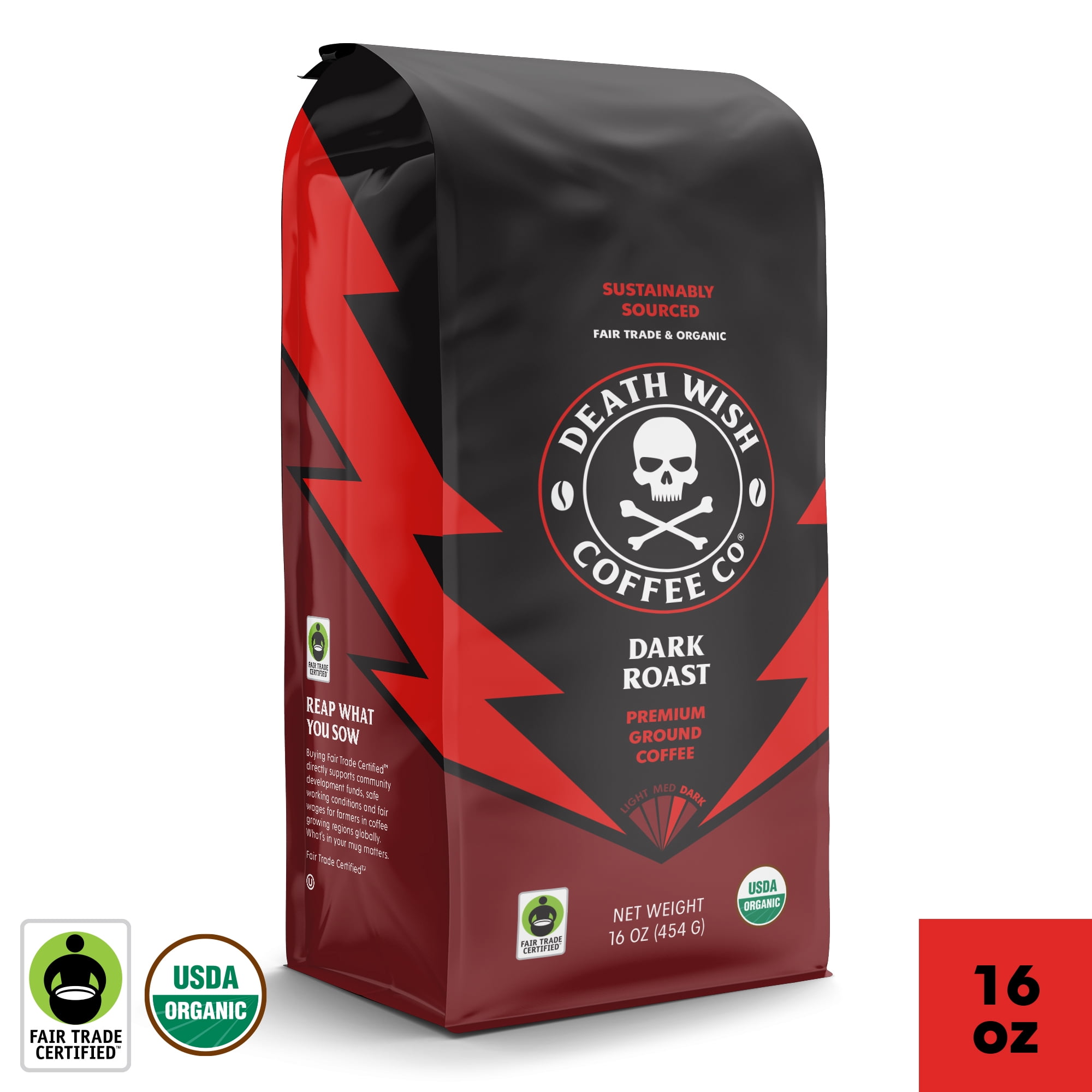 Death Wish Coffee Co., Organic and Fair Trade, Ground Coffee, Dark Roast, 16 oz