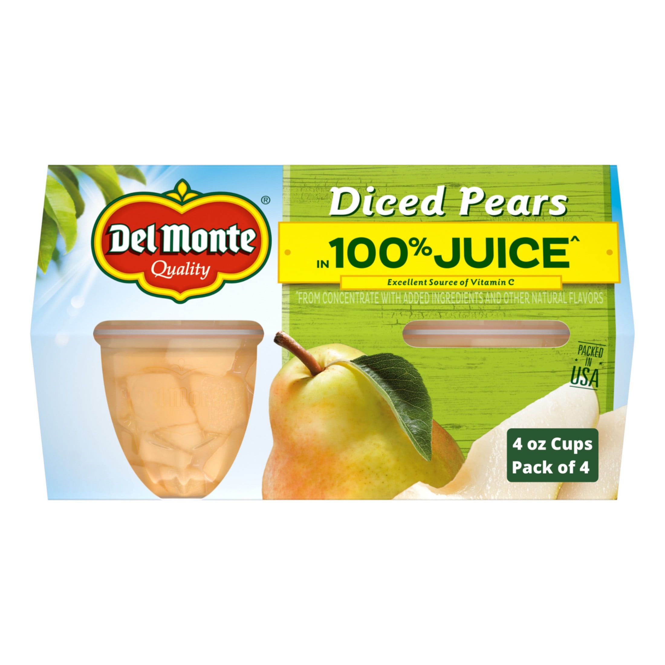 Del Monte Diced Pears Fruit Cup Snacks, 4 oz (Pack of 4)