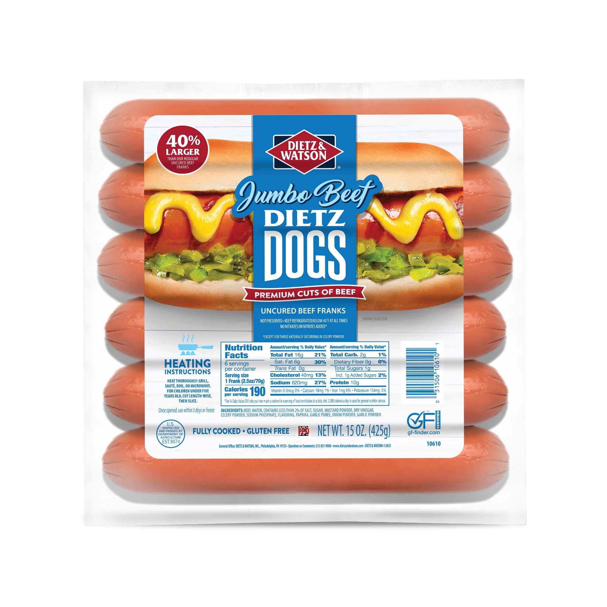 Dietz & Watson Uncured Beef Jumbo Franks Dietz Dogs, 15oz, 6 Count