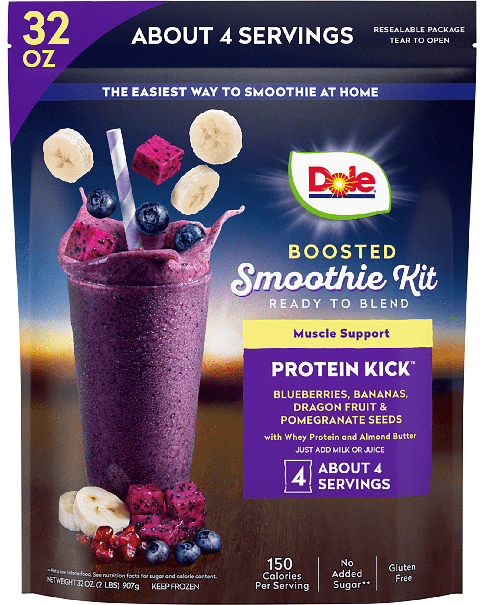 Dole Boosted Blends Frozen Blueberry and Banana Protein Smoothie Blend, 32 oz