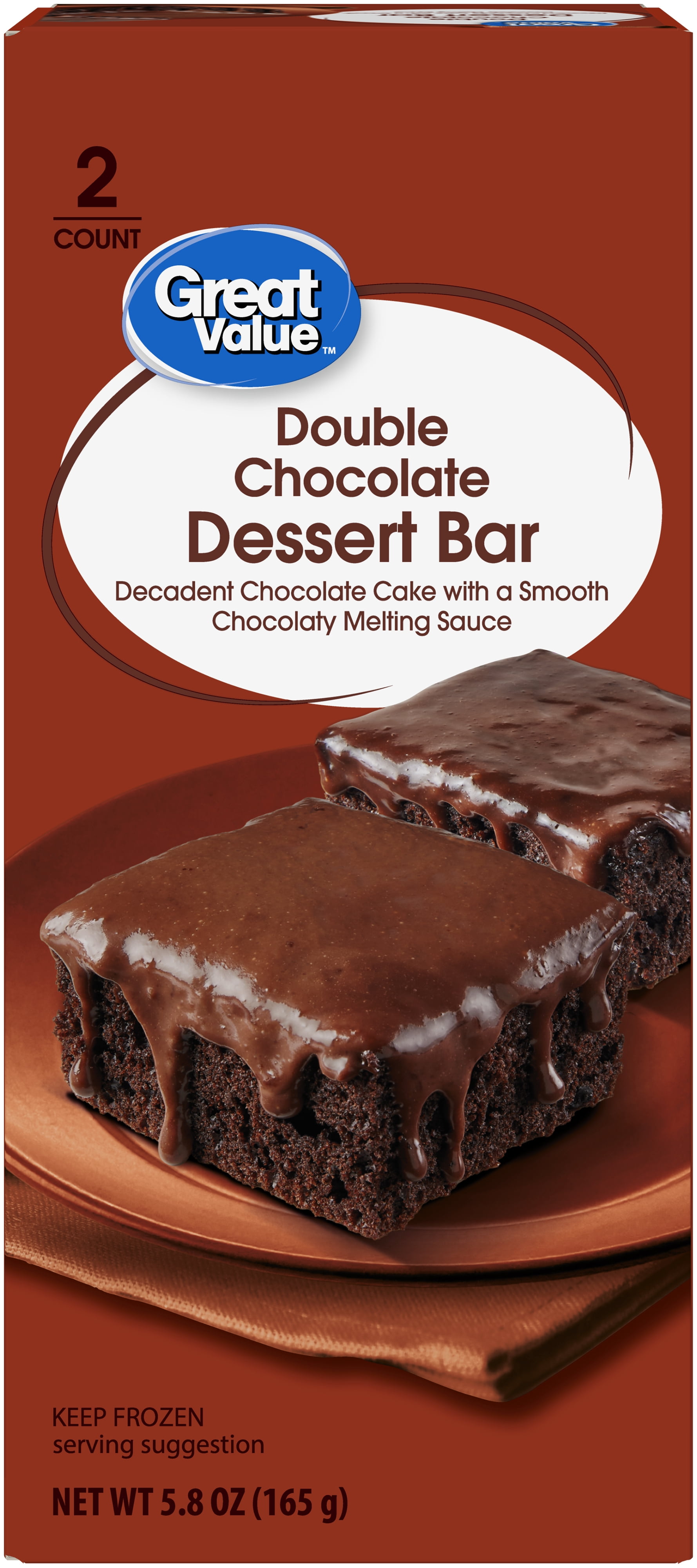 Great Value Double Chocolate Dessert Bar, Frozen Layered Cake Dessert, 2 Count, 5.8 oz