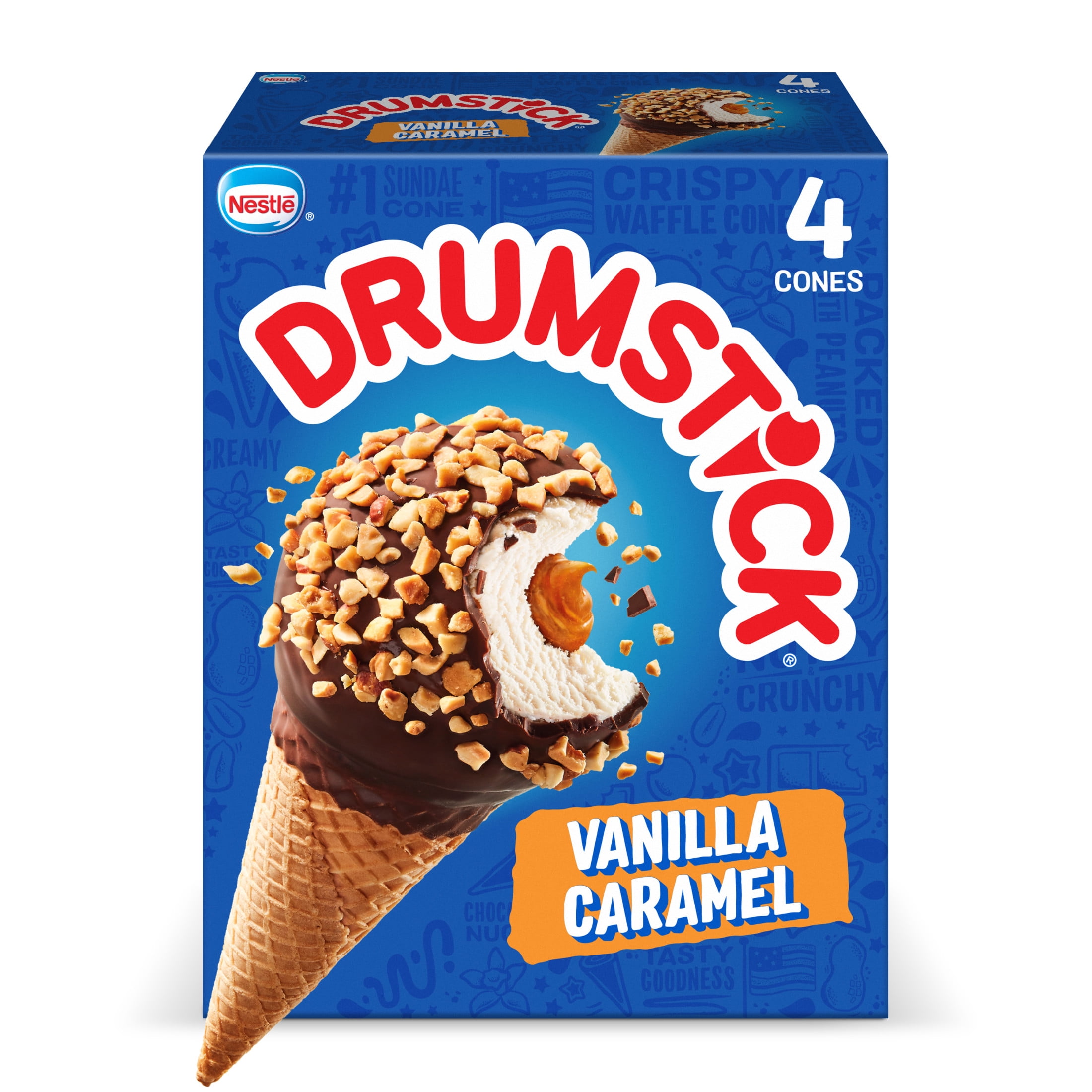 Drumstick Vanilla Caramel Ice Cream Cone 4 Pack, 18.4 oz Cardboard Box Frozen