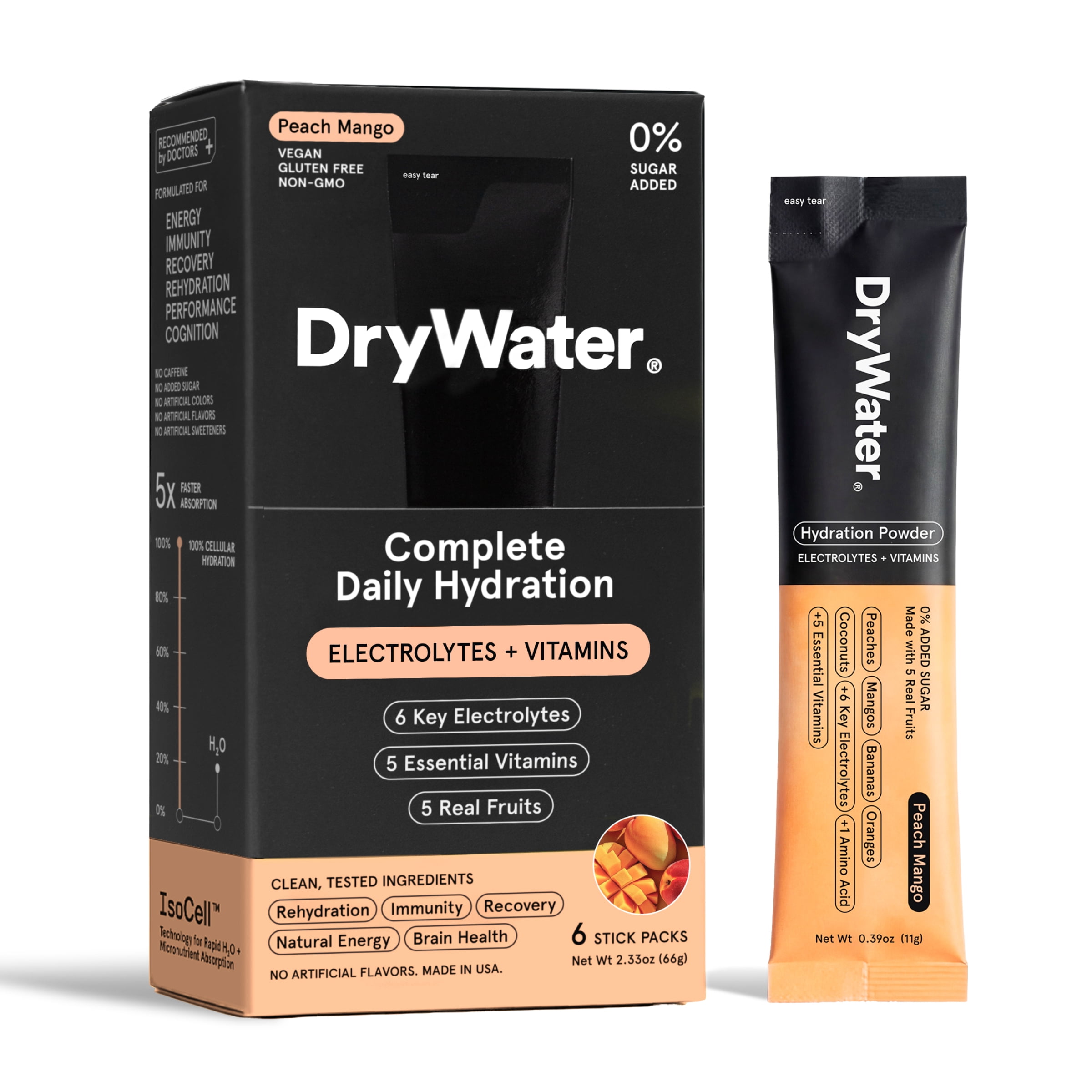 DryWater, Peach Mango, Electrolyte & Vitamin Hydration Powder, 6 Count Packets