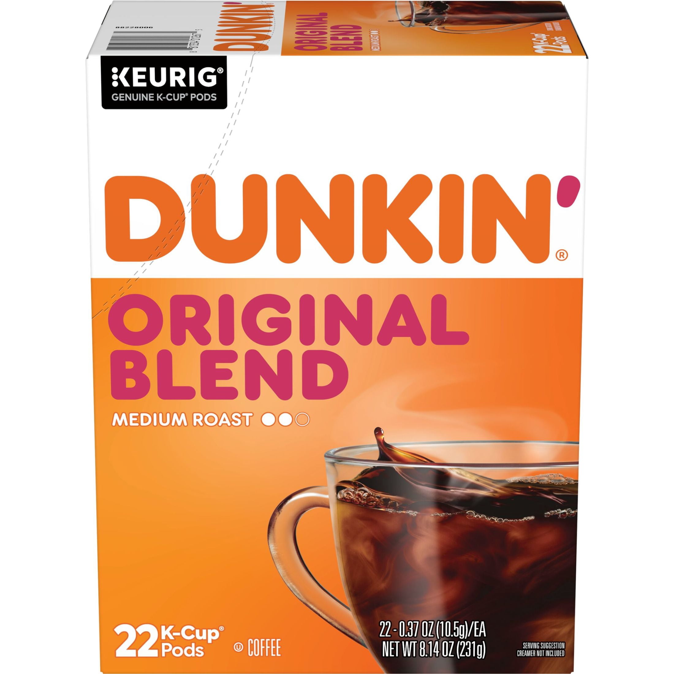 Dunkin Original Blend Medium Roast Coffee, Keurig K Cup Pods, 22 Count Box