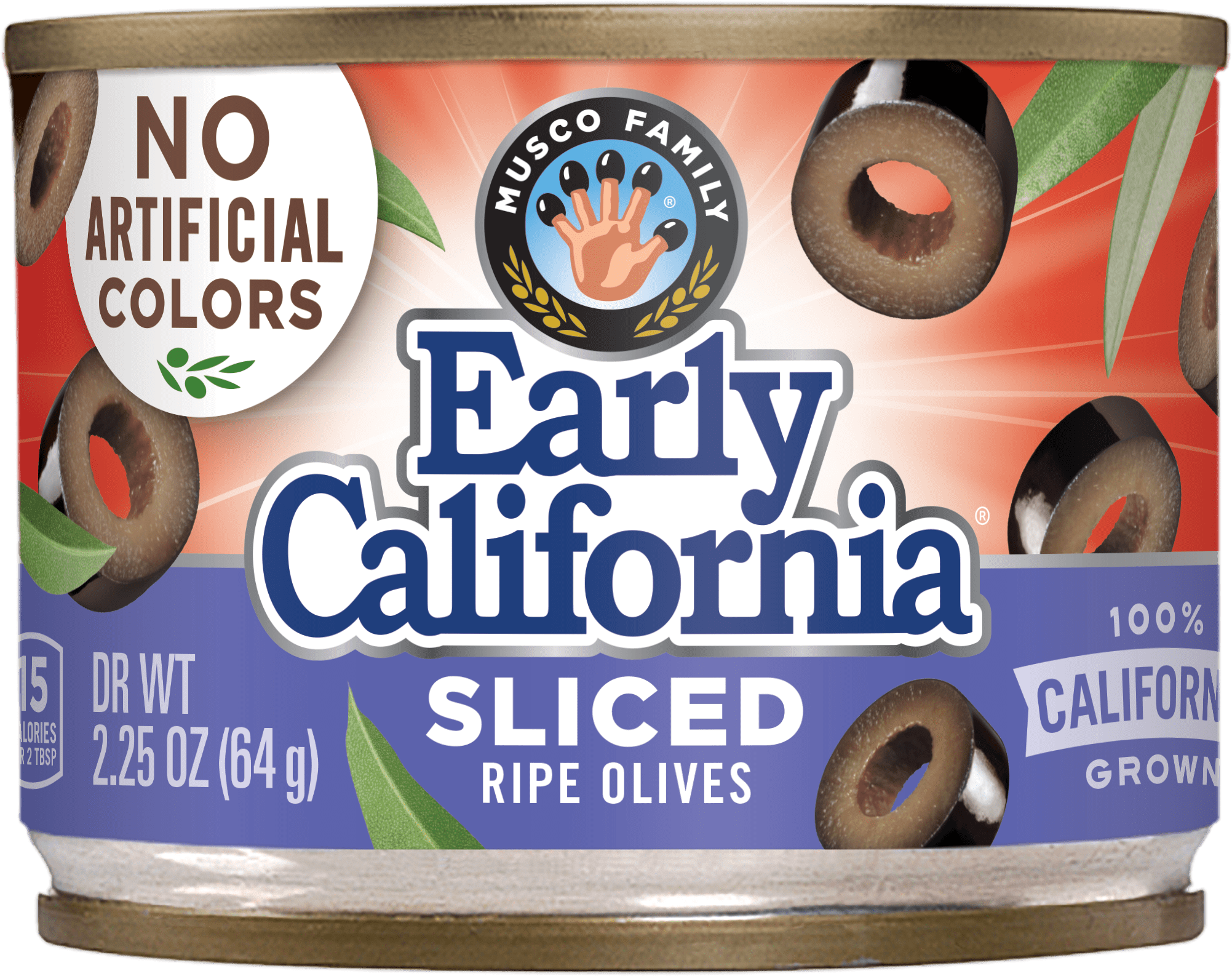 Early California Sliced Black Ripe Olives, 2.25 oz Can. No Artificial Colors. Major Allergens Not Contained.