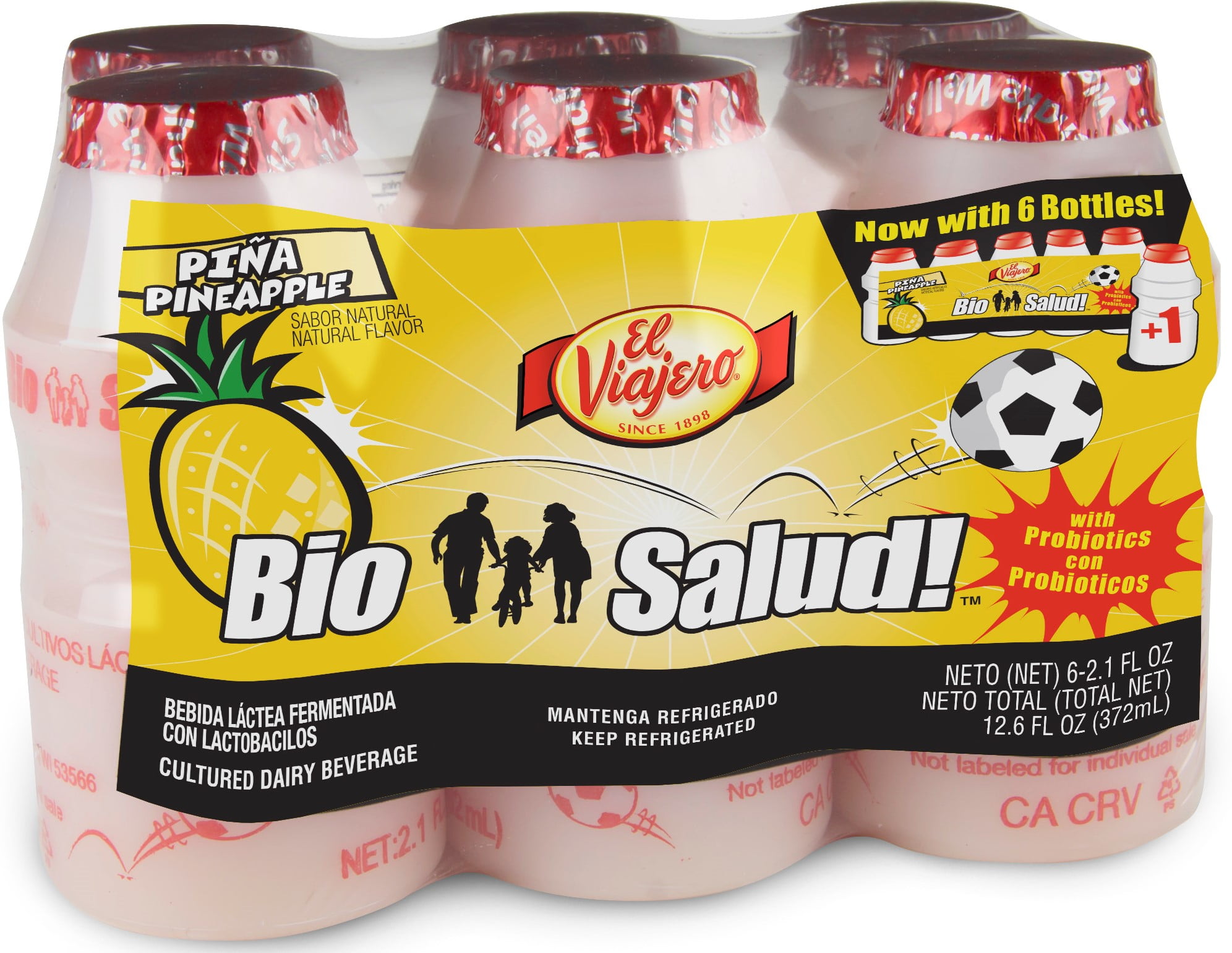 El Viajero BioSalud! Pineapple Cultured Dairy Beverage, 2.1 fl oz, 6 Count Bottles