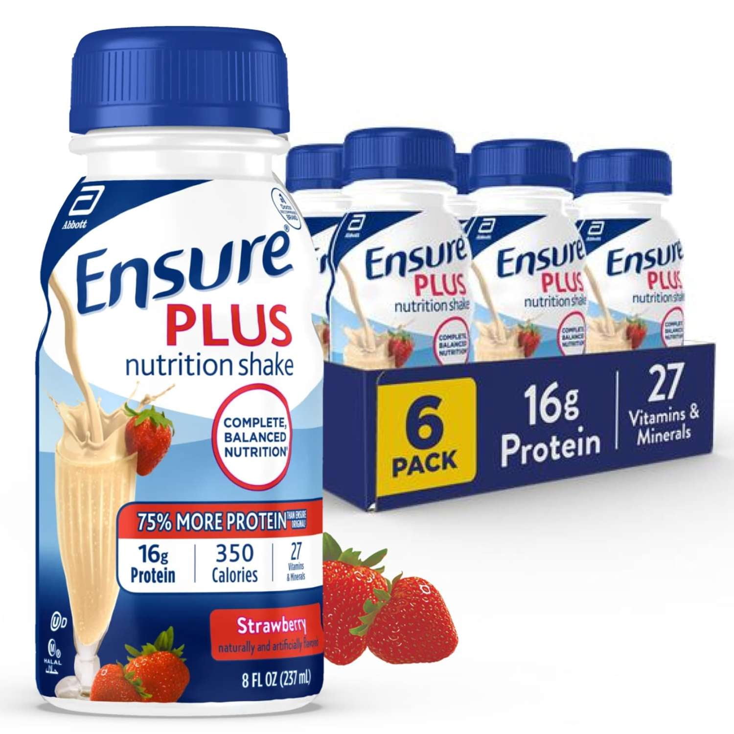 Ensure Plus Meal Replacement Nutrition Shake, Strawberry, 16g Protein, 8 fl oz - 6 Pack