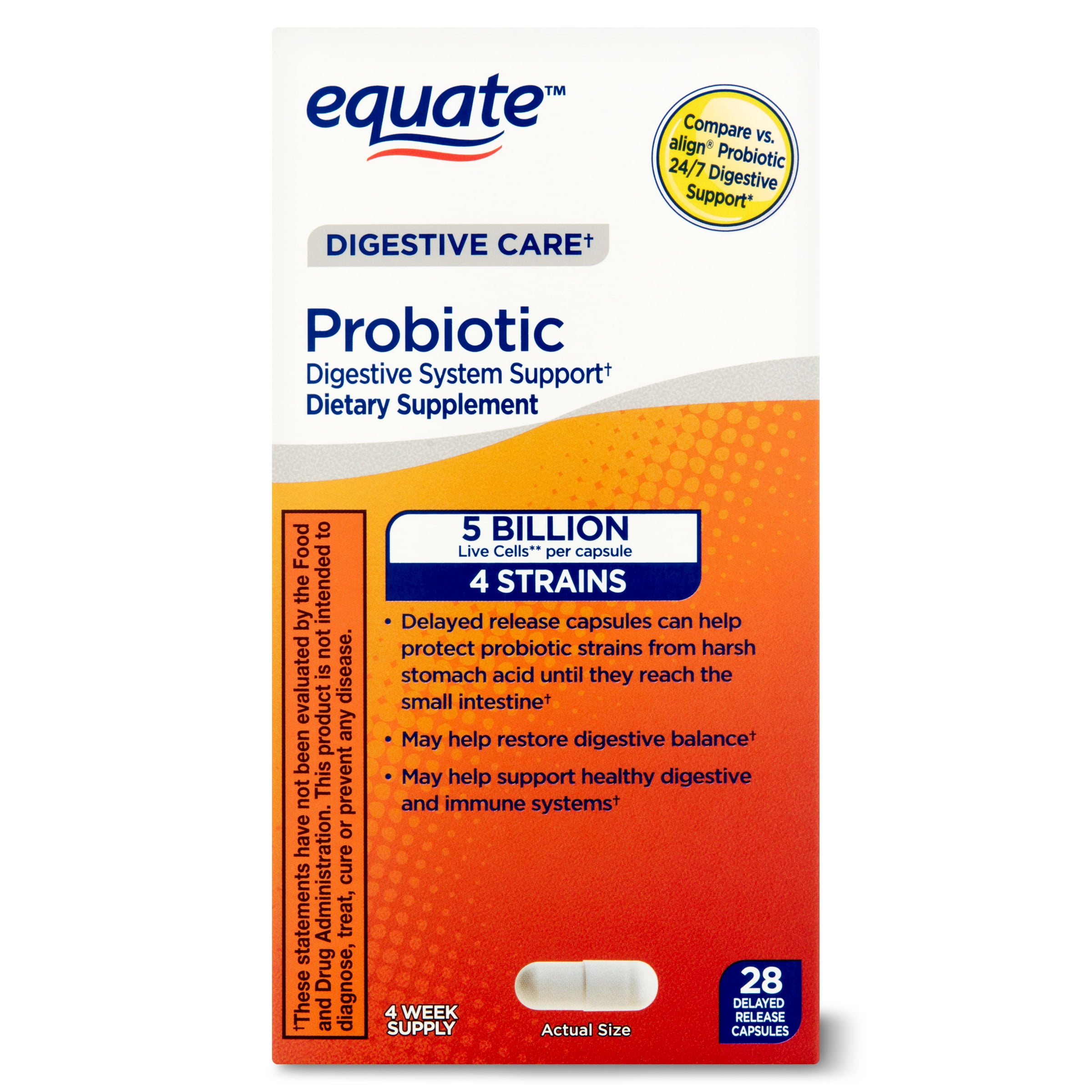 Equate Digestive Probiotic Supplement Delayed-Release Capsules, Unisex, 28 Count, Compare to Align Probiotic 24/7 Digestive Support