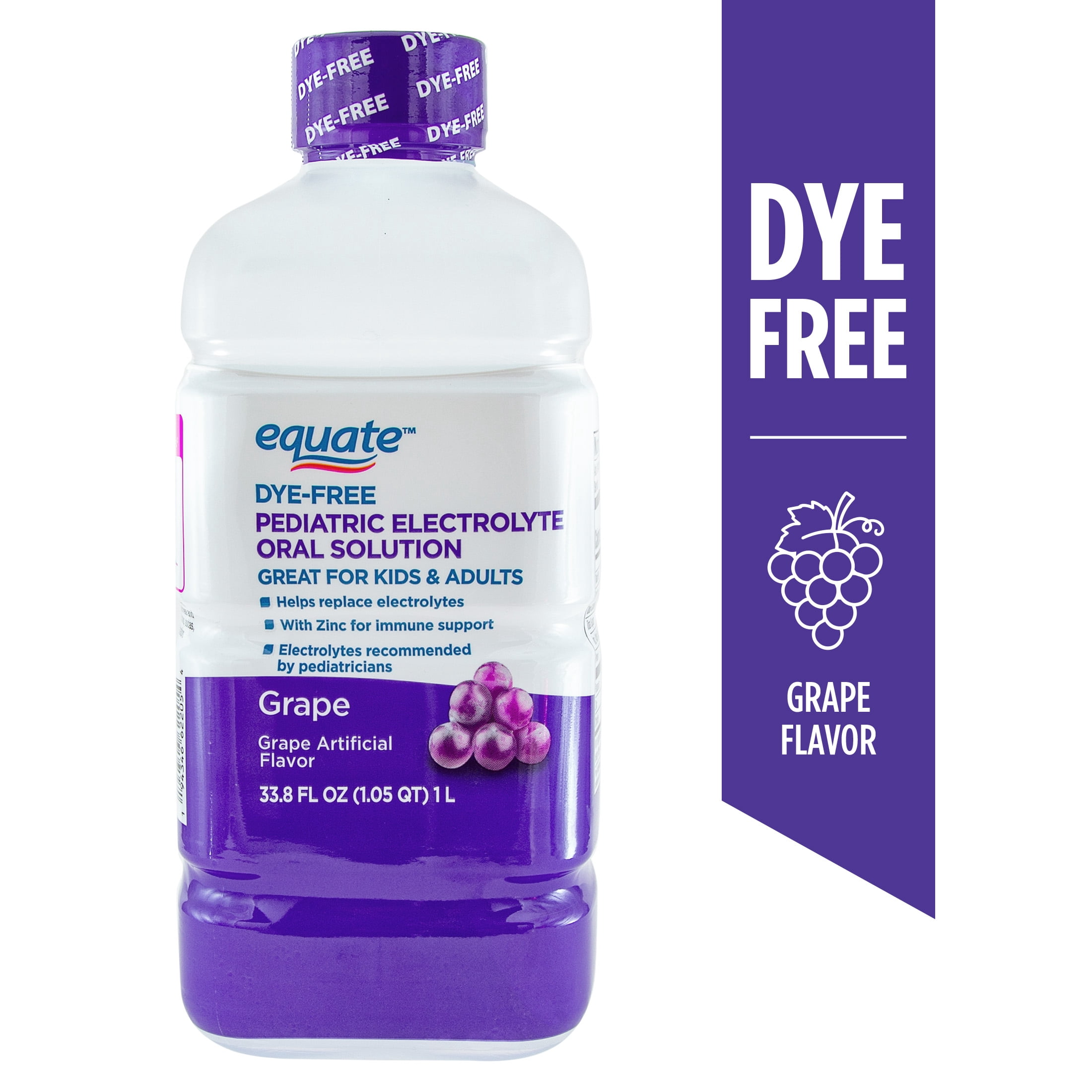 Equate Children's Dye-Free Pediatric Electrolyte Oral Solution with Zinc, Grape Flavor, 33.8 fl oz
