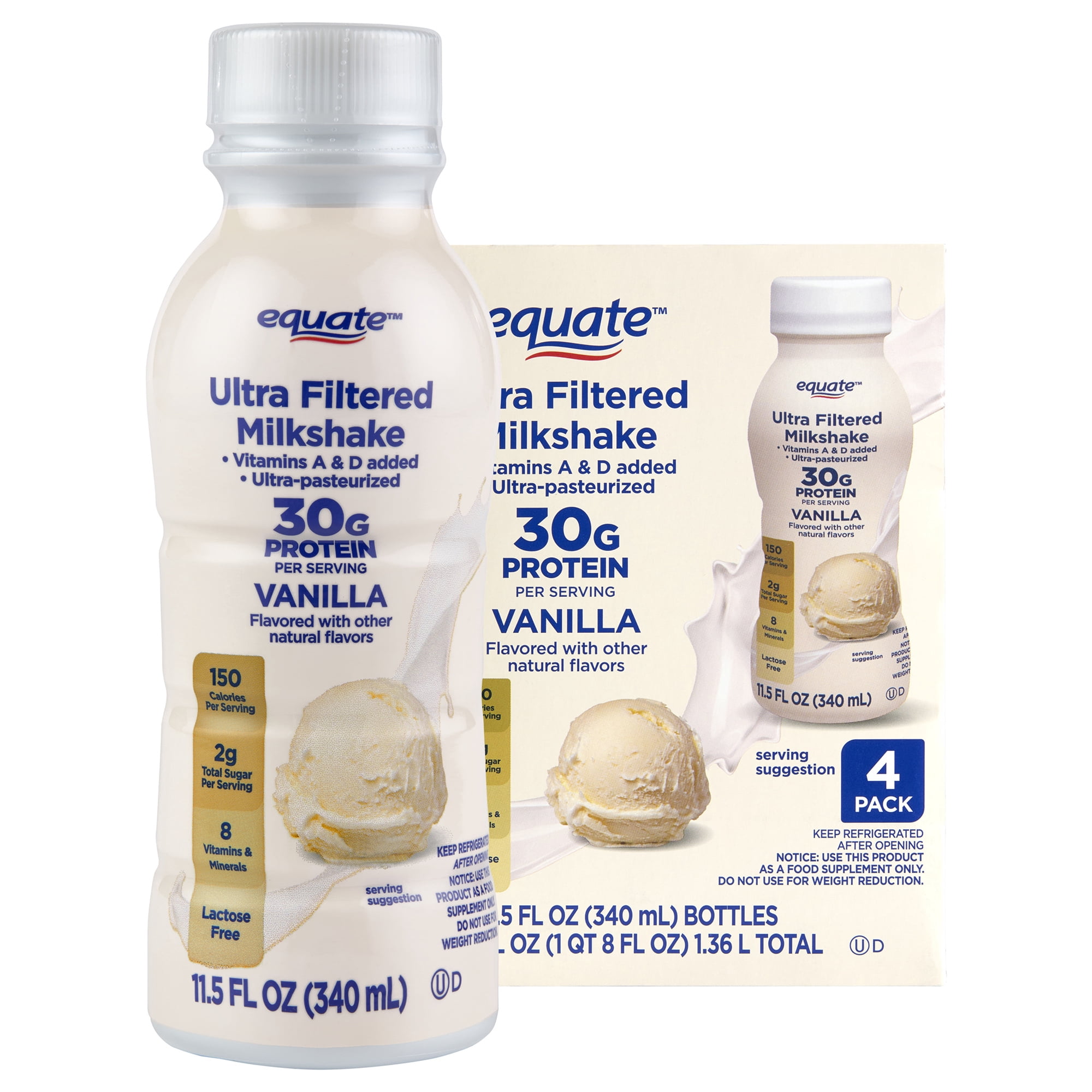 Equate Ultra-Filtered Protein Milkshake, Vanilla, 11.5 fl oz, 4 Count