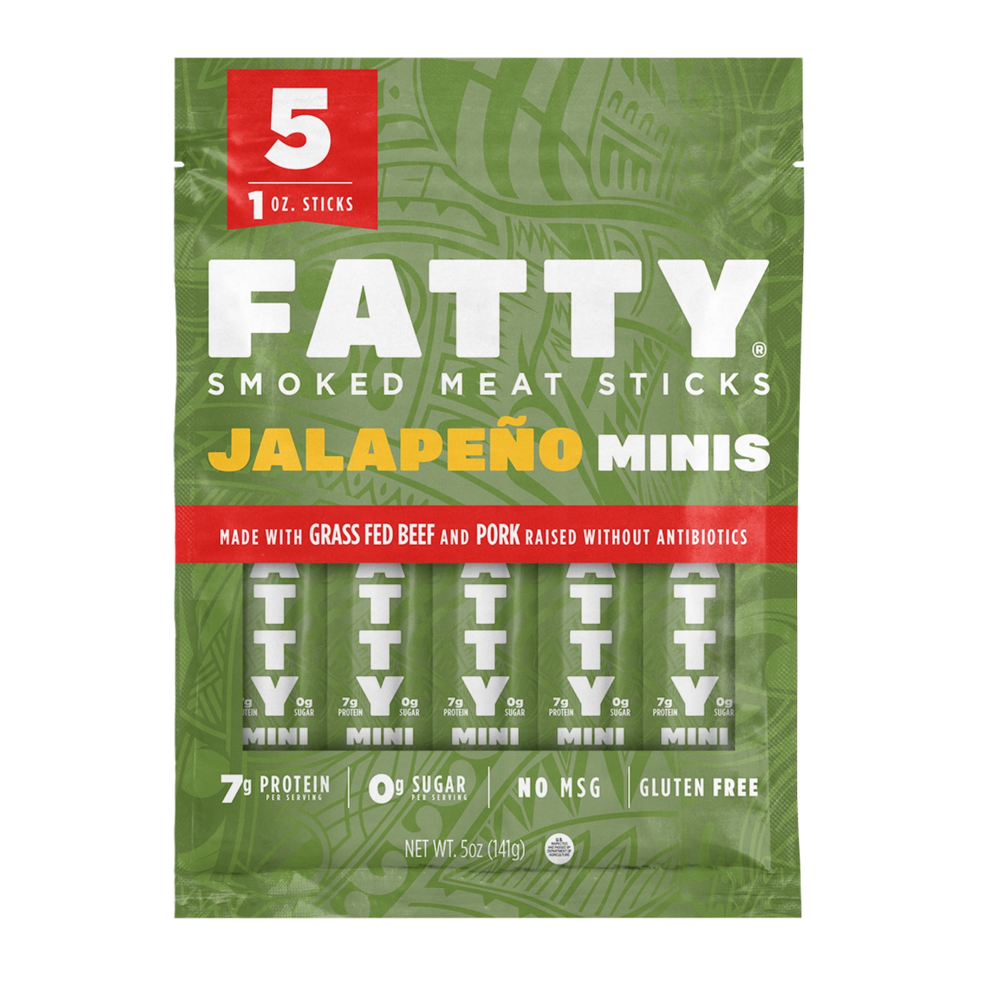 FATTY Mini Meat Sticks, Made with Grass Fed Beef, Pork Raised Without Antibiotics, 7g Protein Per Stick, Jalapeno Minis, Halloween Snacks, 1 oz. Snack Size (Pack of 5)