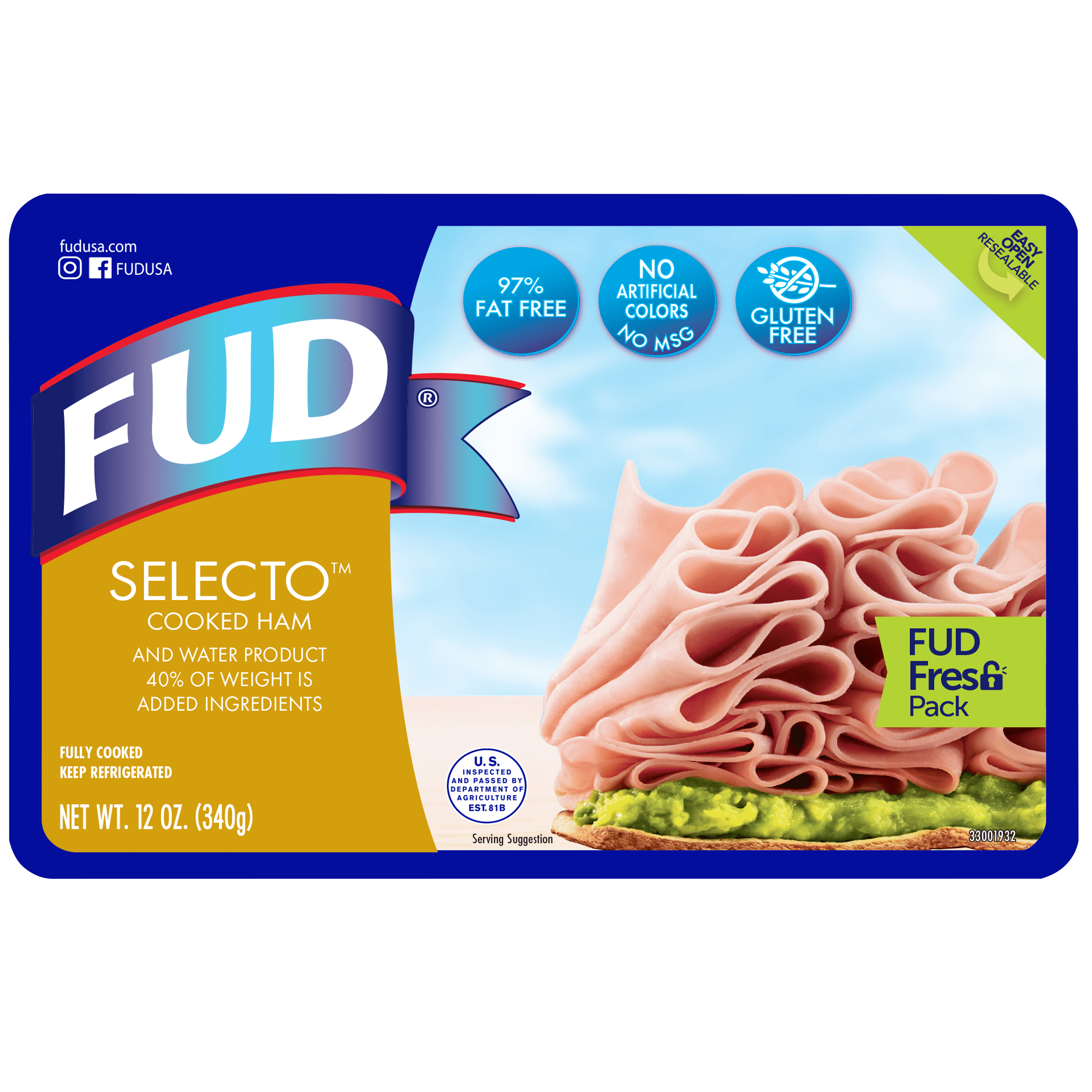 FUD Sliced Selecto Ham 12 oz Resealable Refrigerated Packaging, Ready to Eat, Ham Lunch Meat