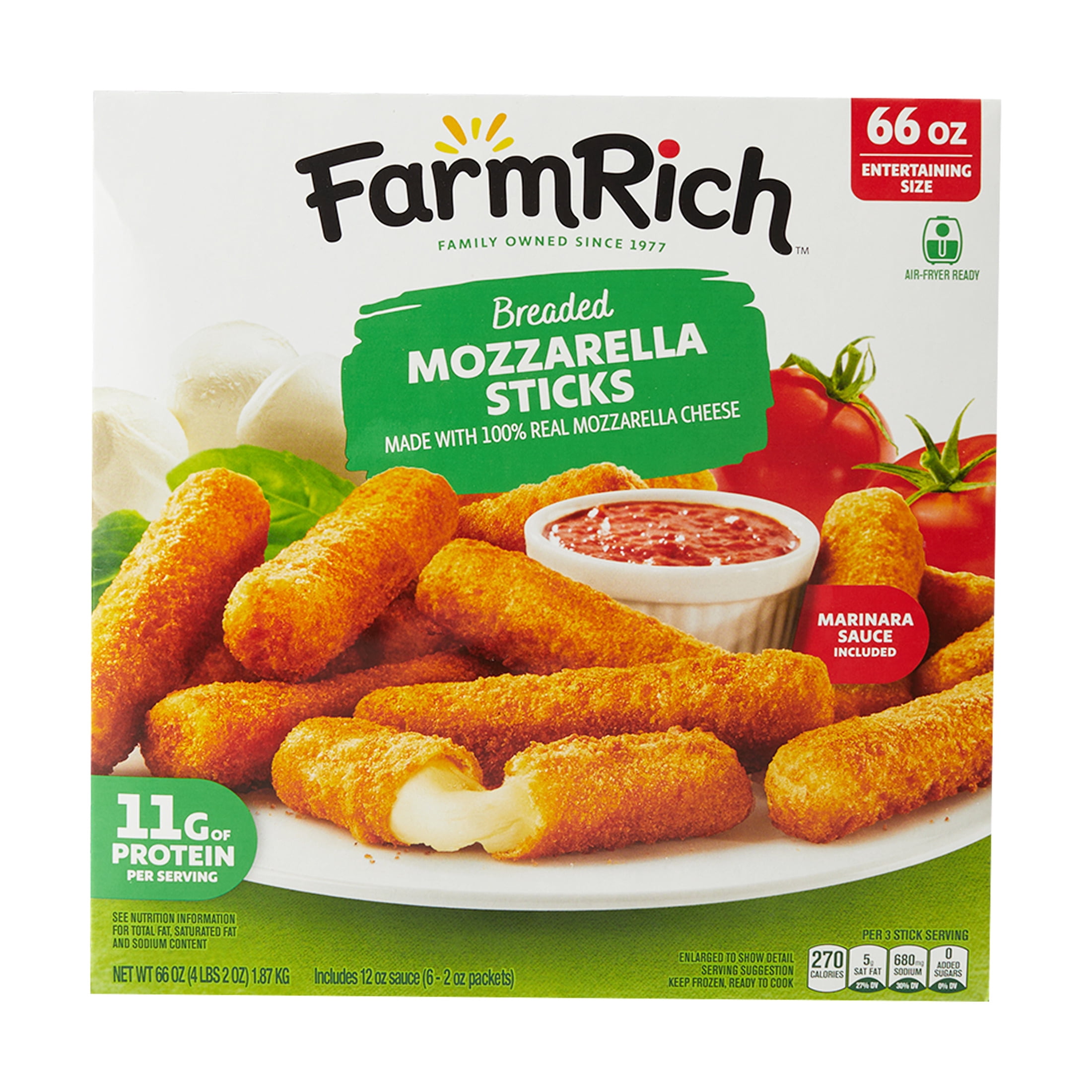 Farm Rich Breaded Mozzarella Cheese Sticks, Cheese Snacks, Party Size, 66oz (Frozen Snacks and Appetizers)