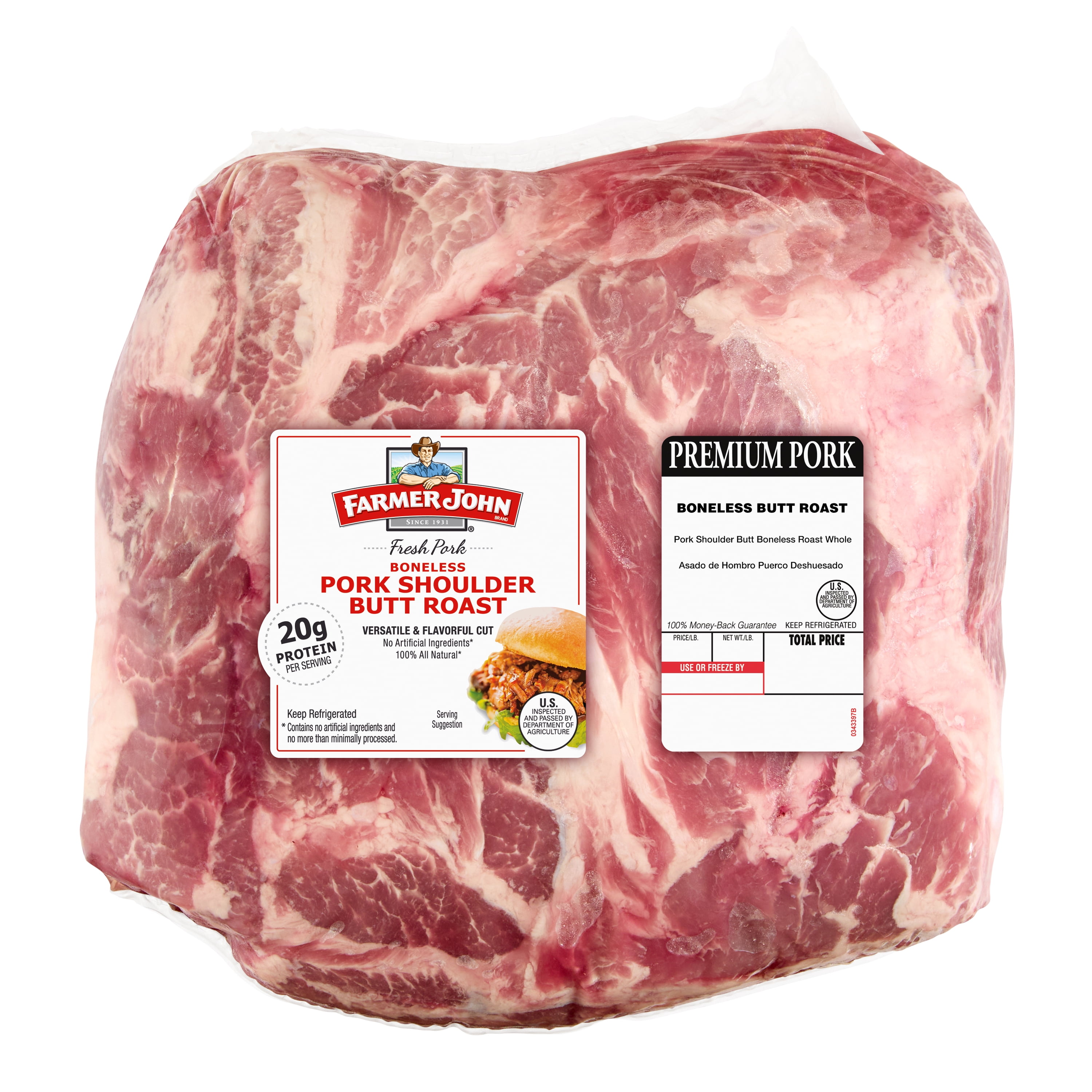Farmer John Fresh Boneless Pork Butt Roast, Fresh, Random Weight, 20 Grams of Protein Per 4 oz Serving