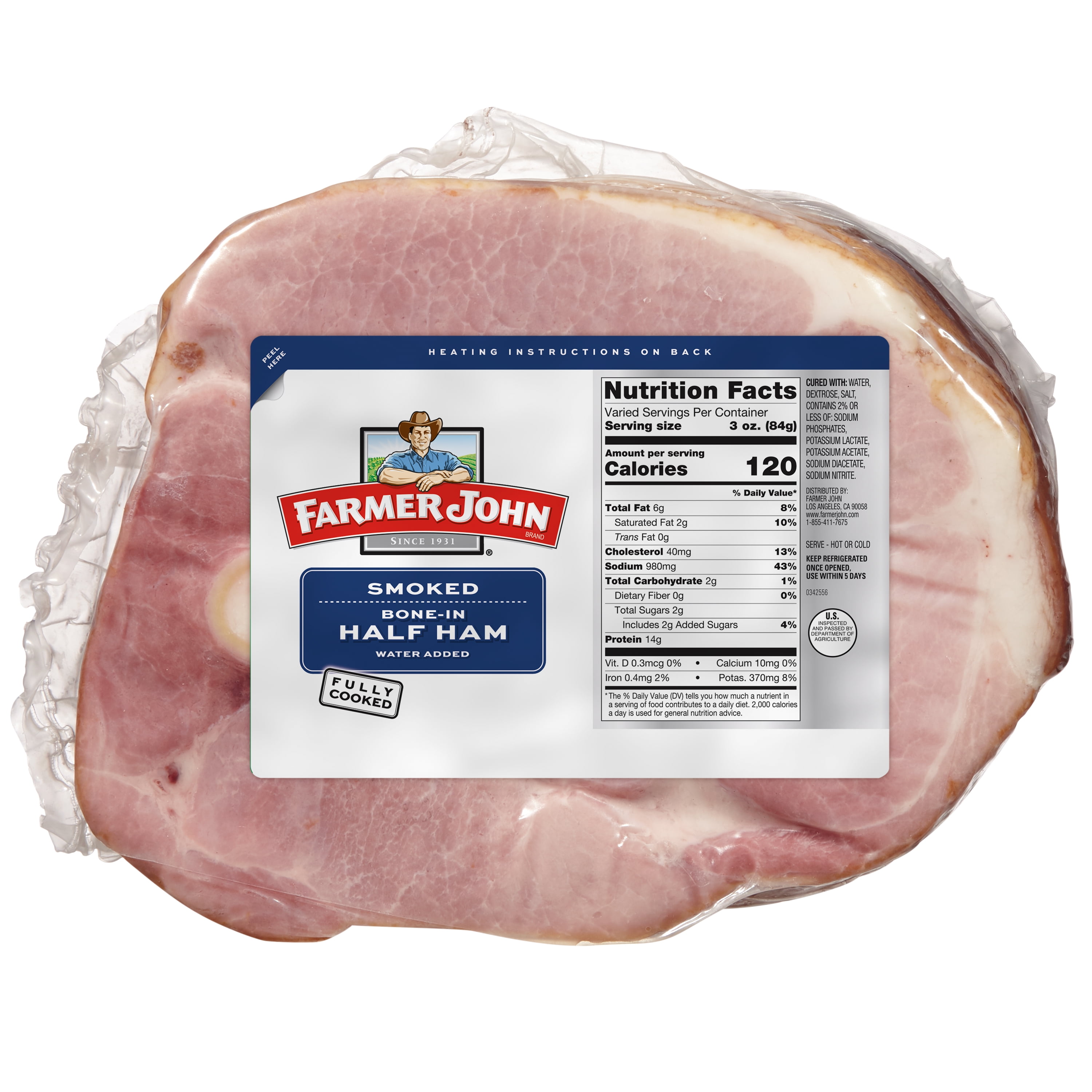 Farmer John Hardwood Smoked Bone-In Half Ham, Fully Cooked, 8-11 Pounds