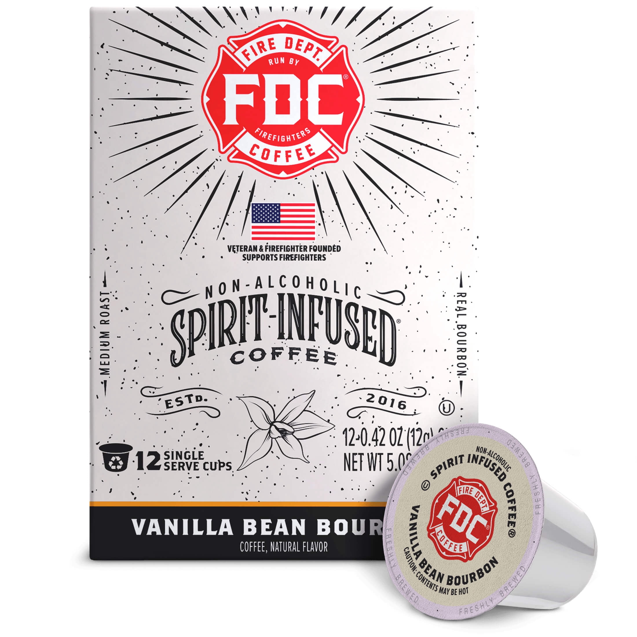 Fire Department Coffee, Vanilla Bean Bourbon Infused, Premium K-Cup Coffee Pods, 12 Pack