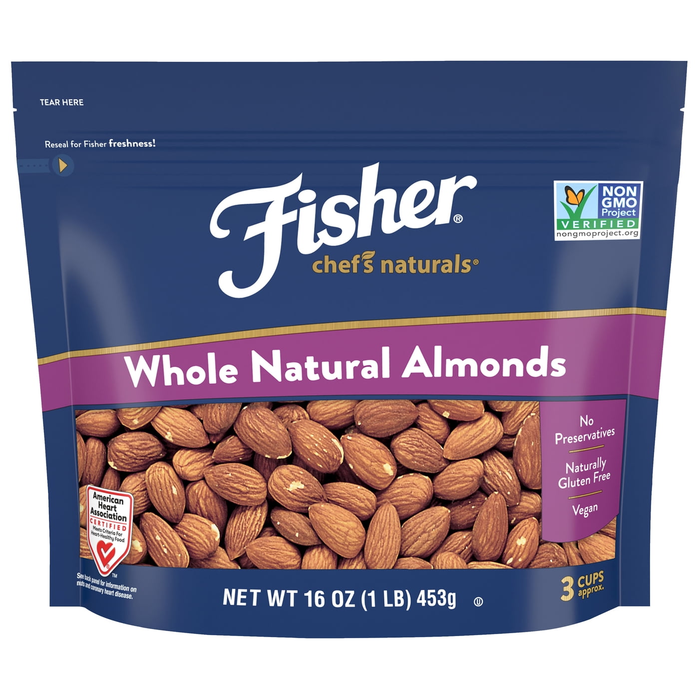 Fisher Chefs Naturals Gluten Free, No Preservatives, Non-GMO Whole Natural Almonds, 16 oz Bag