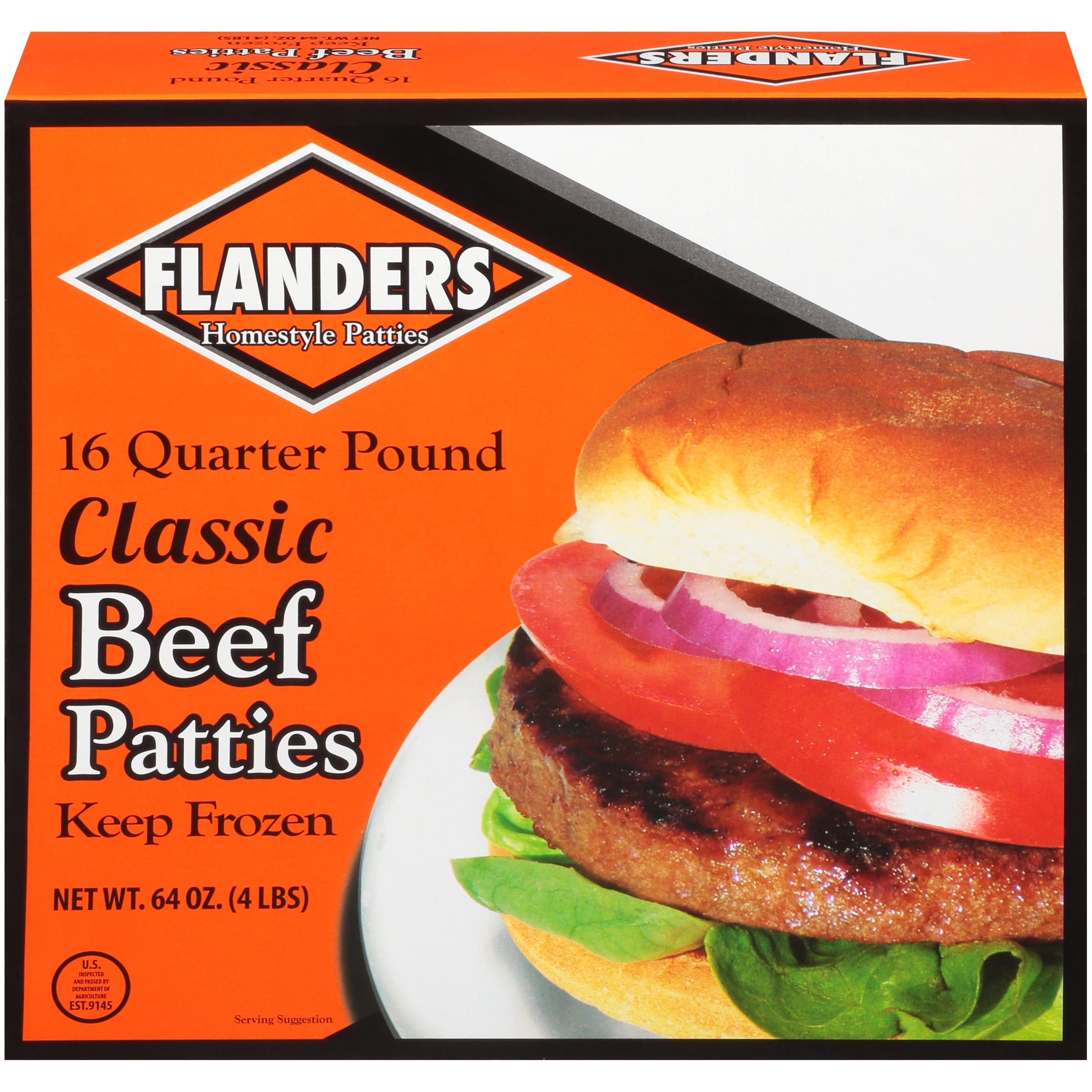 Flanders Homestyle Beef Patties, 16 Quarter Pound Classic Frozen Patties, 64 oz Box