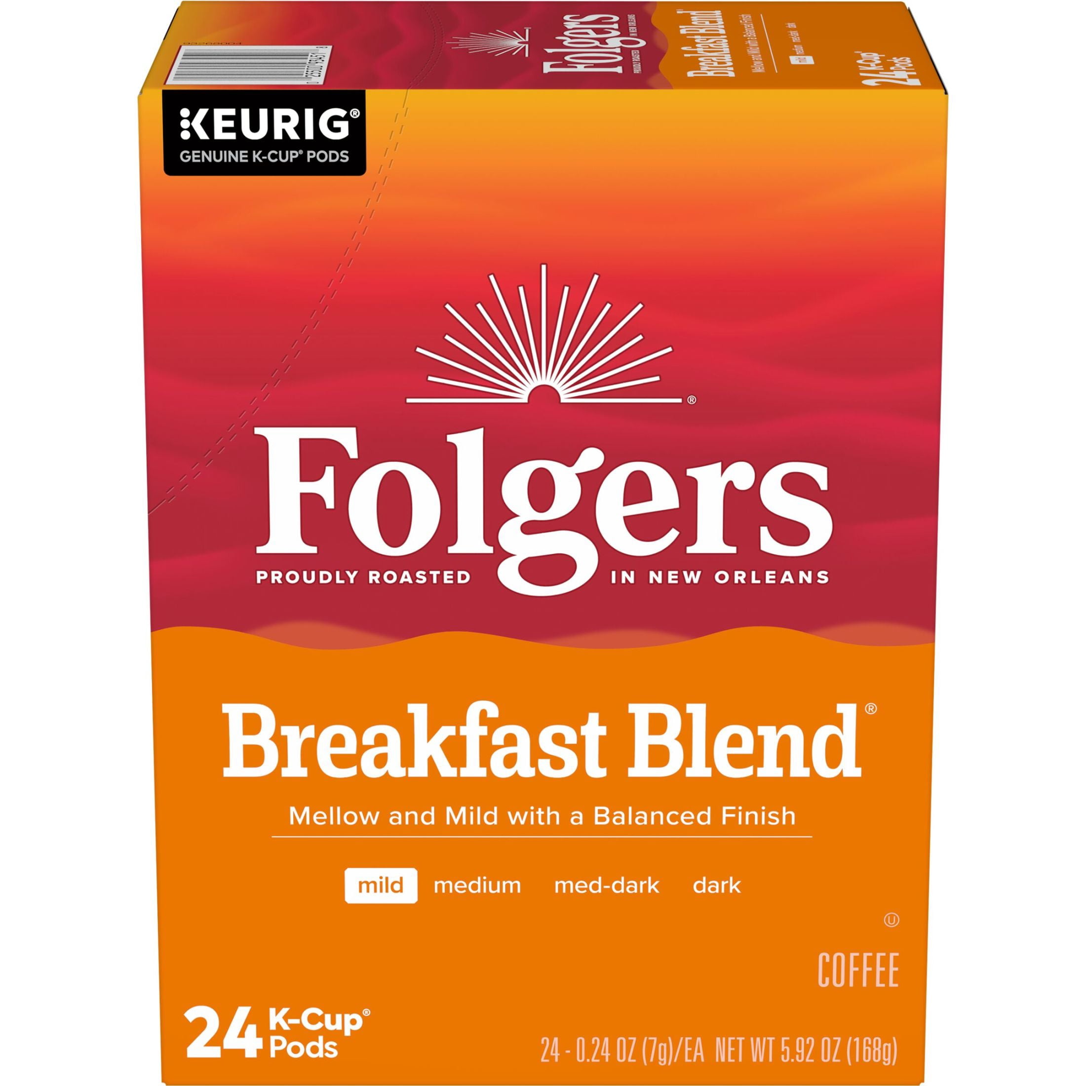Folgers Breakfast Blend, Mild Roast Coffee, Keurig K Cup Pods, 24 Count Box