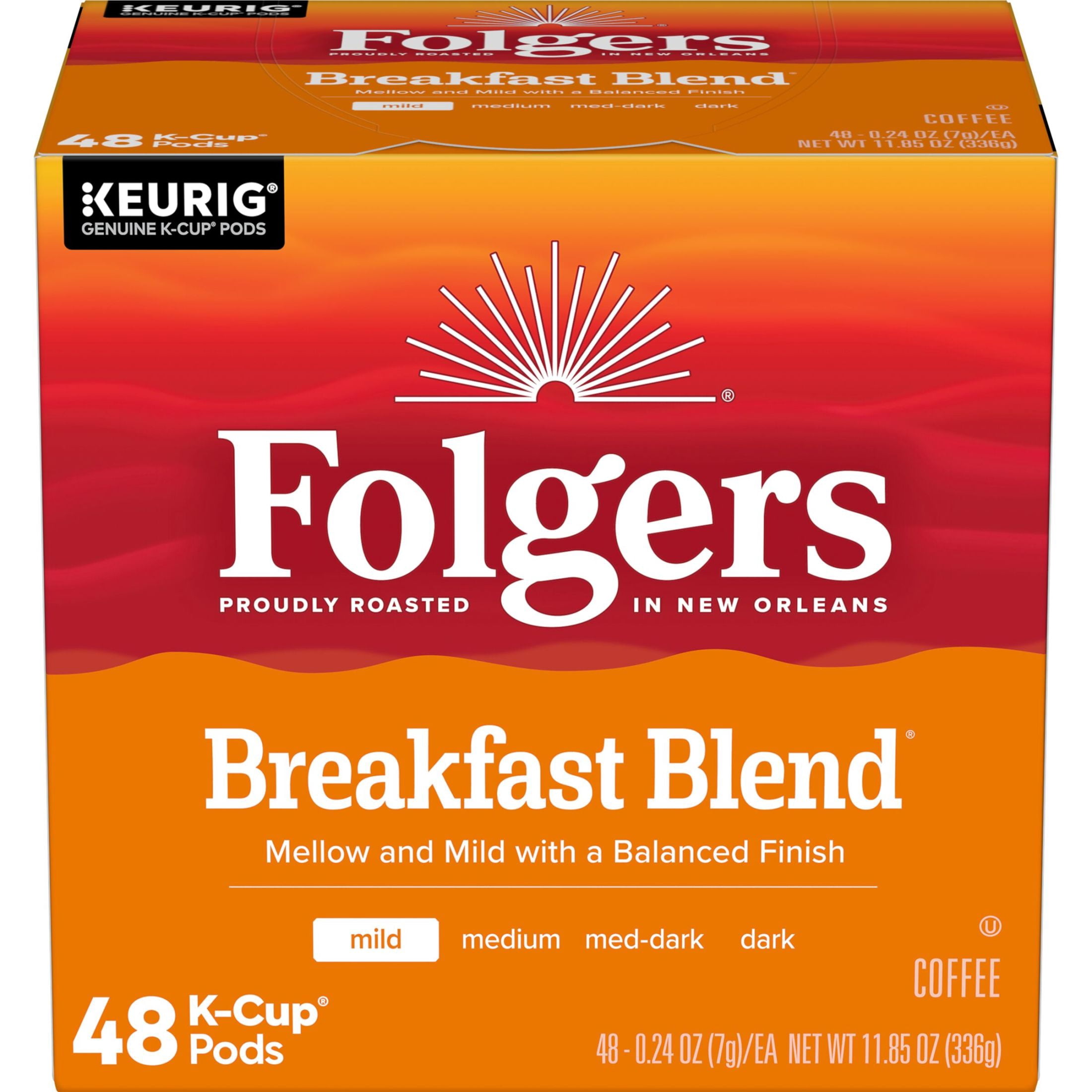 Folgers Breakfast Blend, Mild Roast Coffee, Keurig K Cup Pods, 48 Count Box