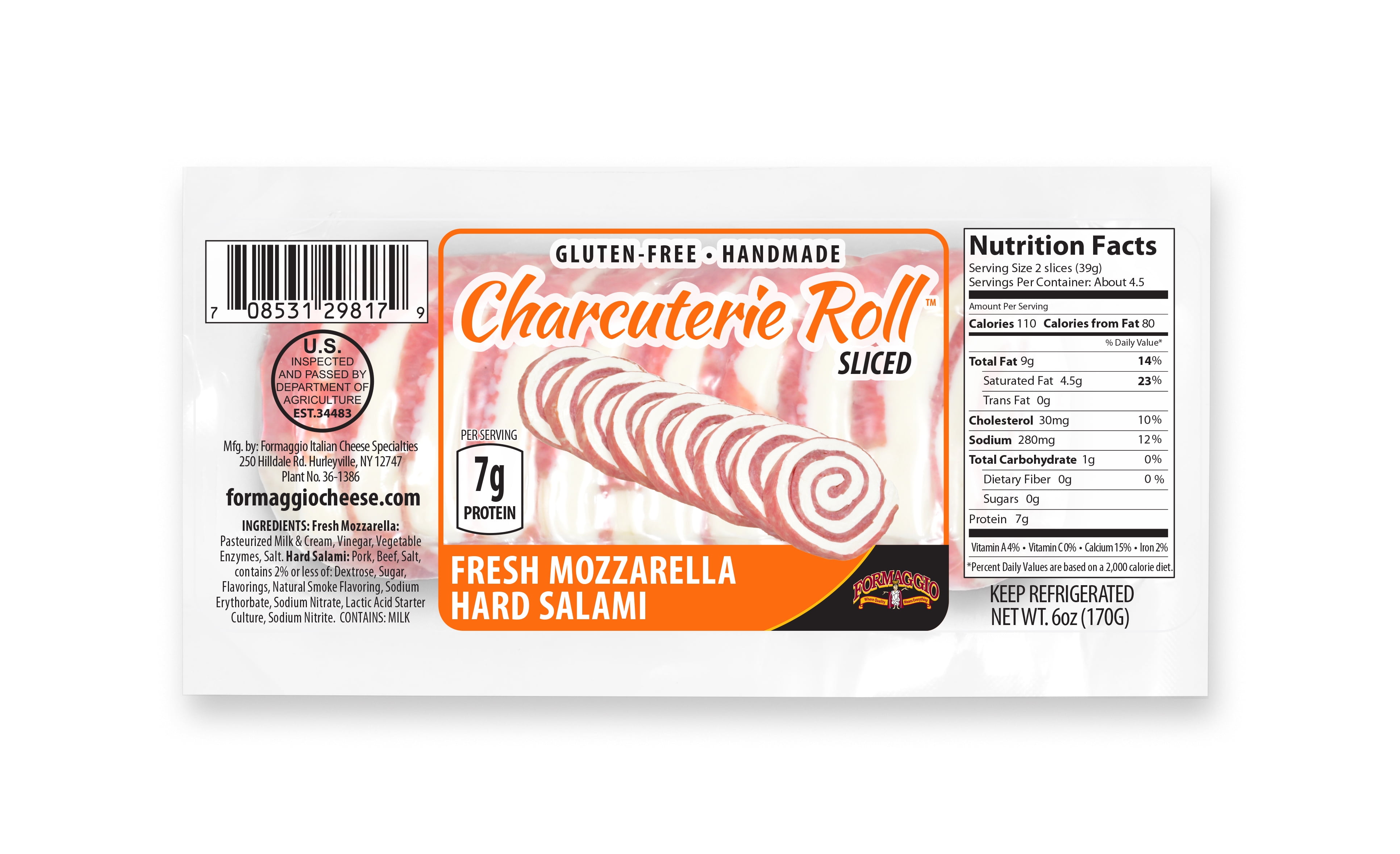 Formaggio Cheese Refrigerated All-Natural Charcuterie Roll, Hard Salami and Mozzarella, 6 oz Packet