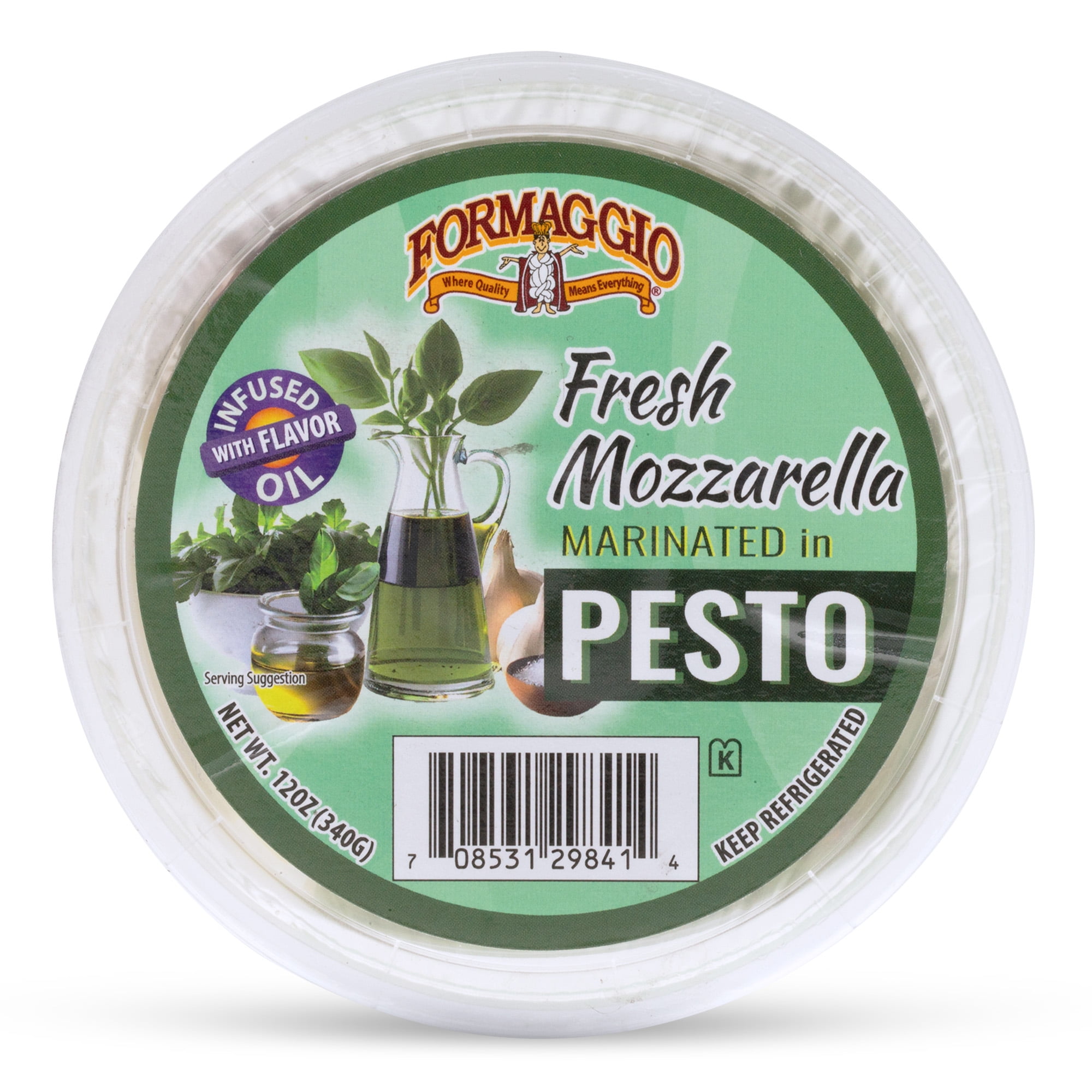 Formaggio Cheese Refrigerated Marinated Mozzarella Balls in Pesto, 12 oz Tub