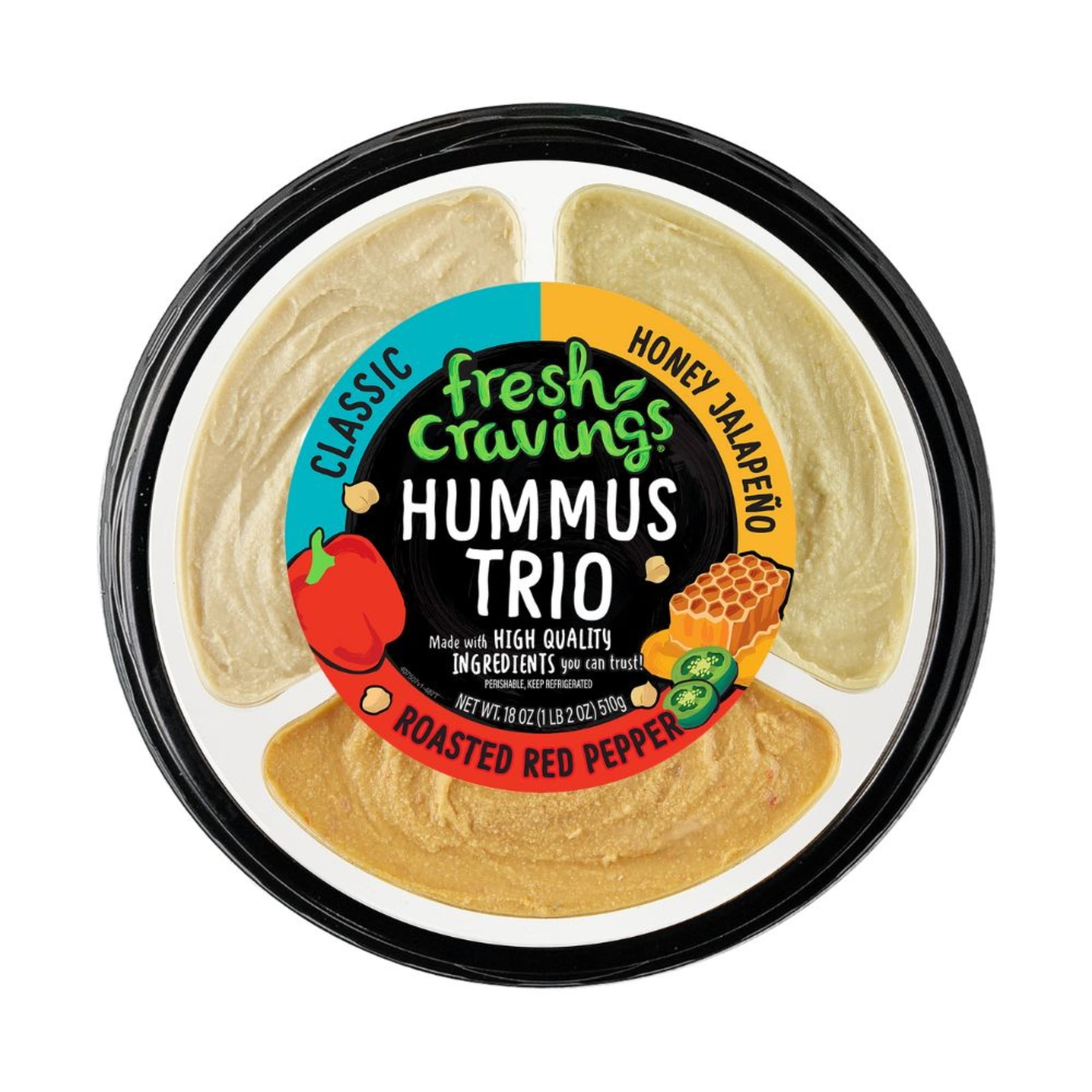 Fresh Cravings Hummus Trio Dip, Fresh, 18 oz. Plastic Tub, Gluten-Free, 2 Tbsp (32g)