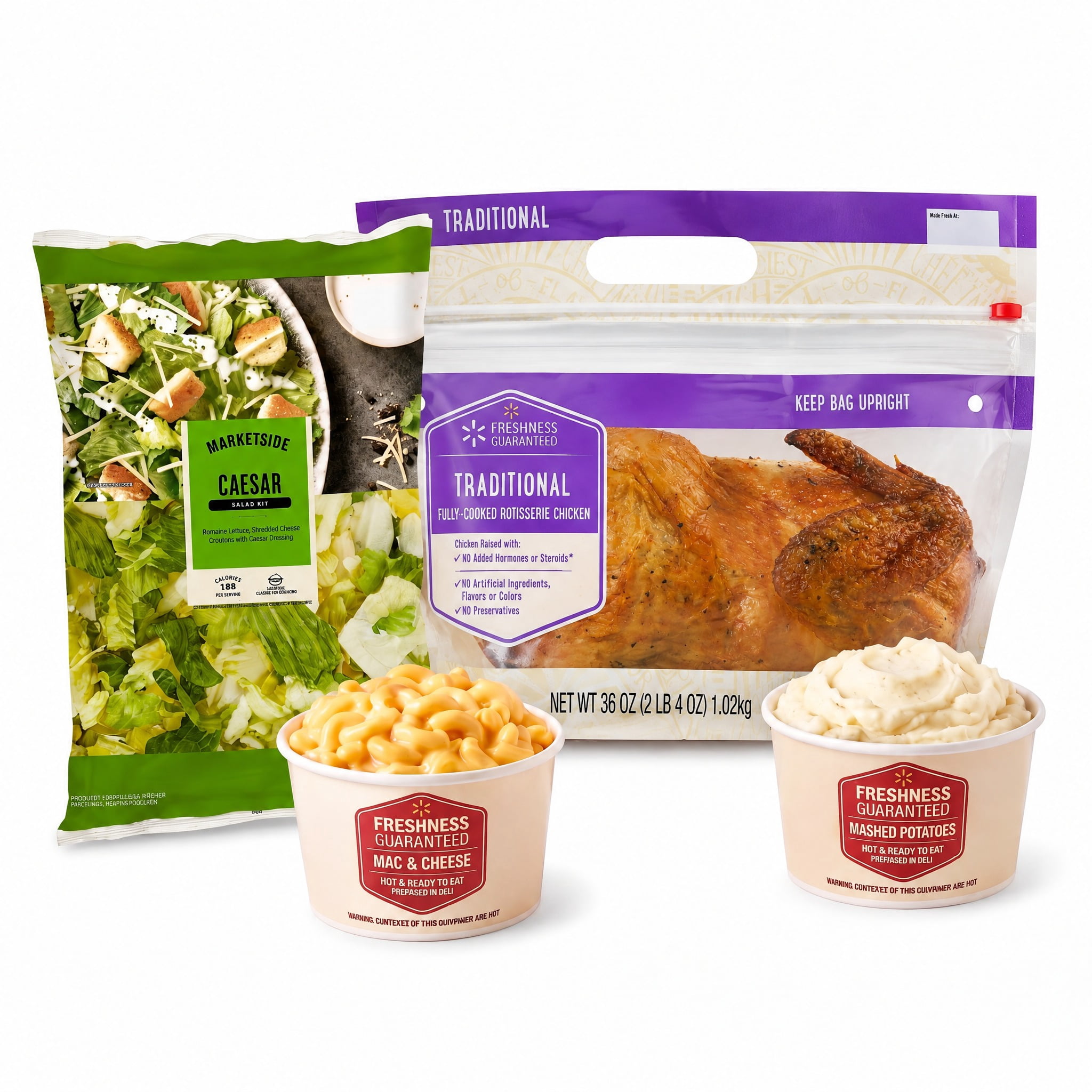 Freshness Guaranteed Hot & Ready-to-Eat Traditional Rotisserie Chicken Meal Bundle with Large Mac and Cheese and Large Mashed Potatoes with a Marketside Caesar Salad