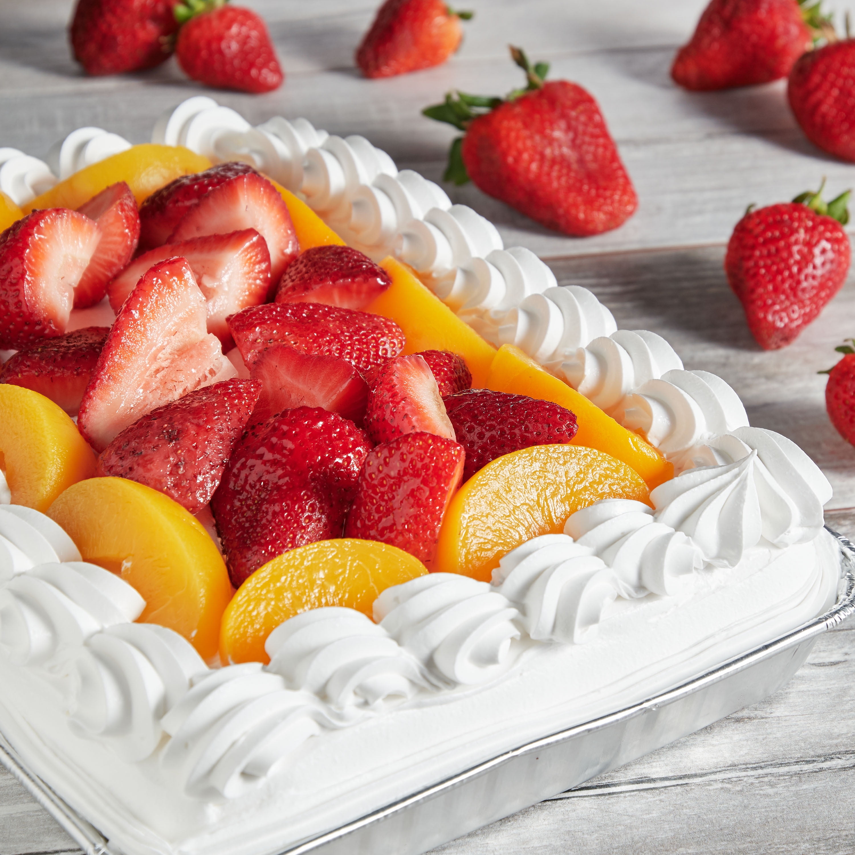 Freshness Guaranteed Tres Leches Cake with Strawberries and Peaches, 1/4 Sheet Cake, 5 lb 6 oz (Refrigerated)