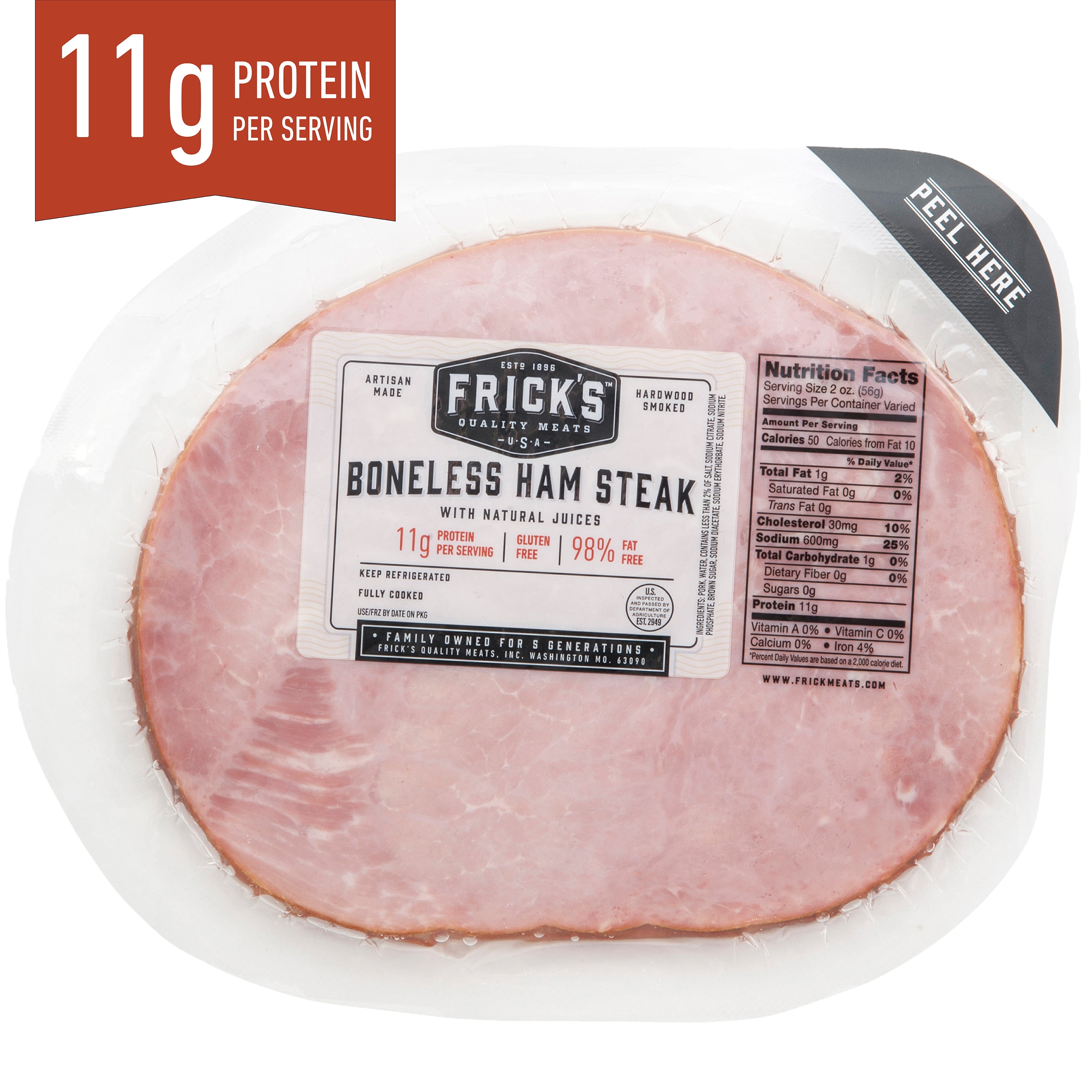 Frick's Quality Meats, Pork, Boneless, Ham Steak, 0.8-1.73 lb, 11g of Protein per 2 oz Serving, Gluten Free