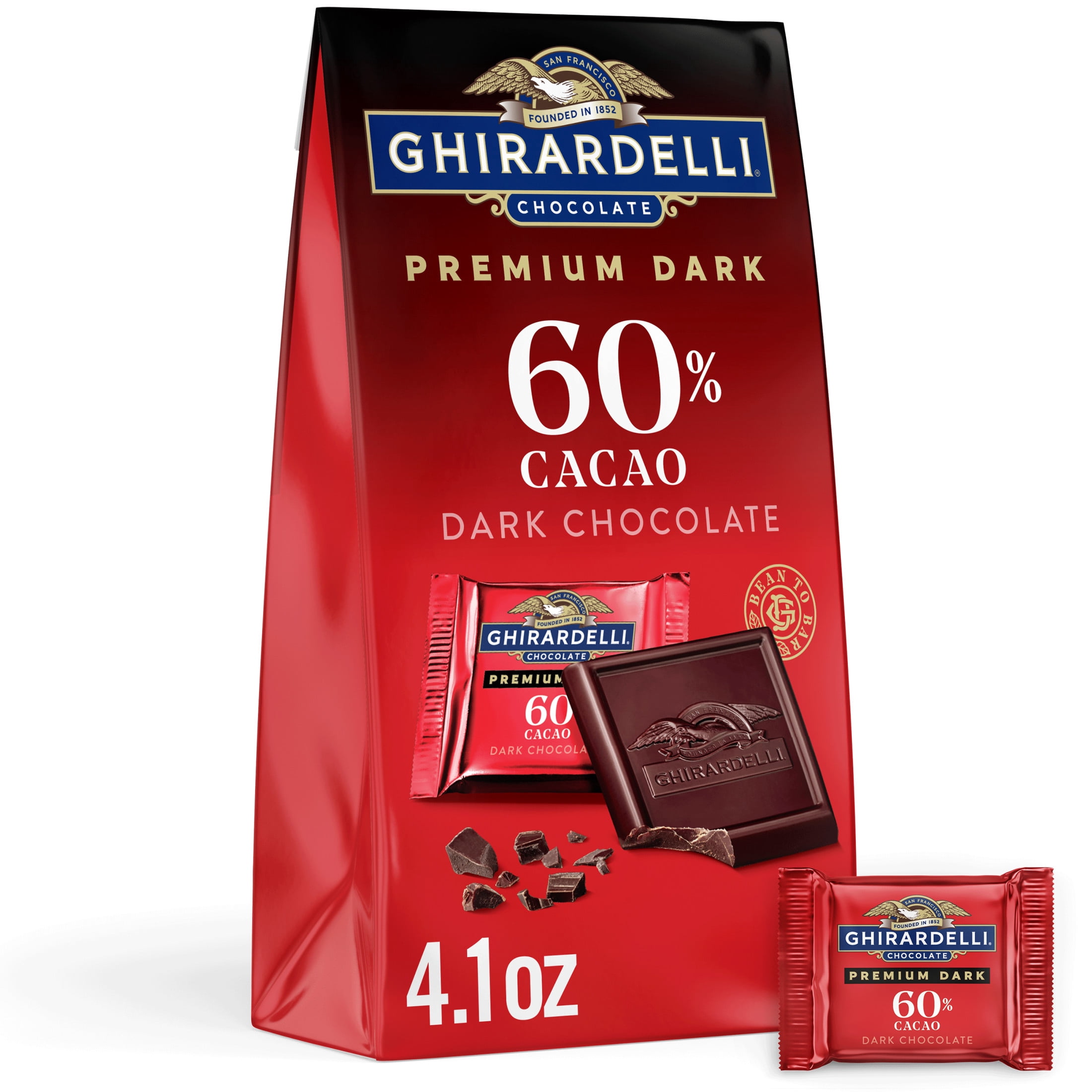 GHIRARDELLI PREMIUM DARK 60% Cacao Dark Chocolate SQUARES, 4.1 oz Bag