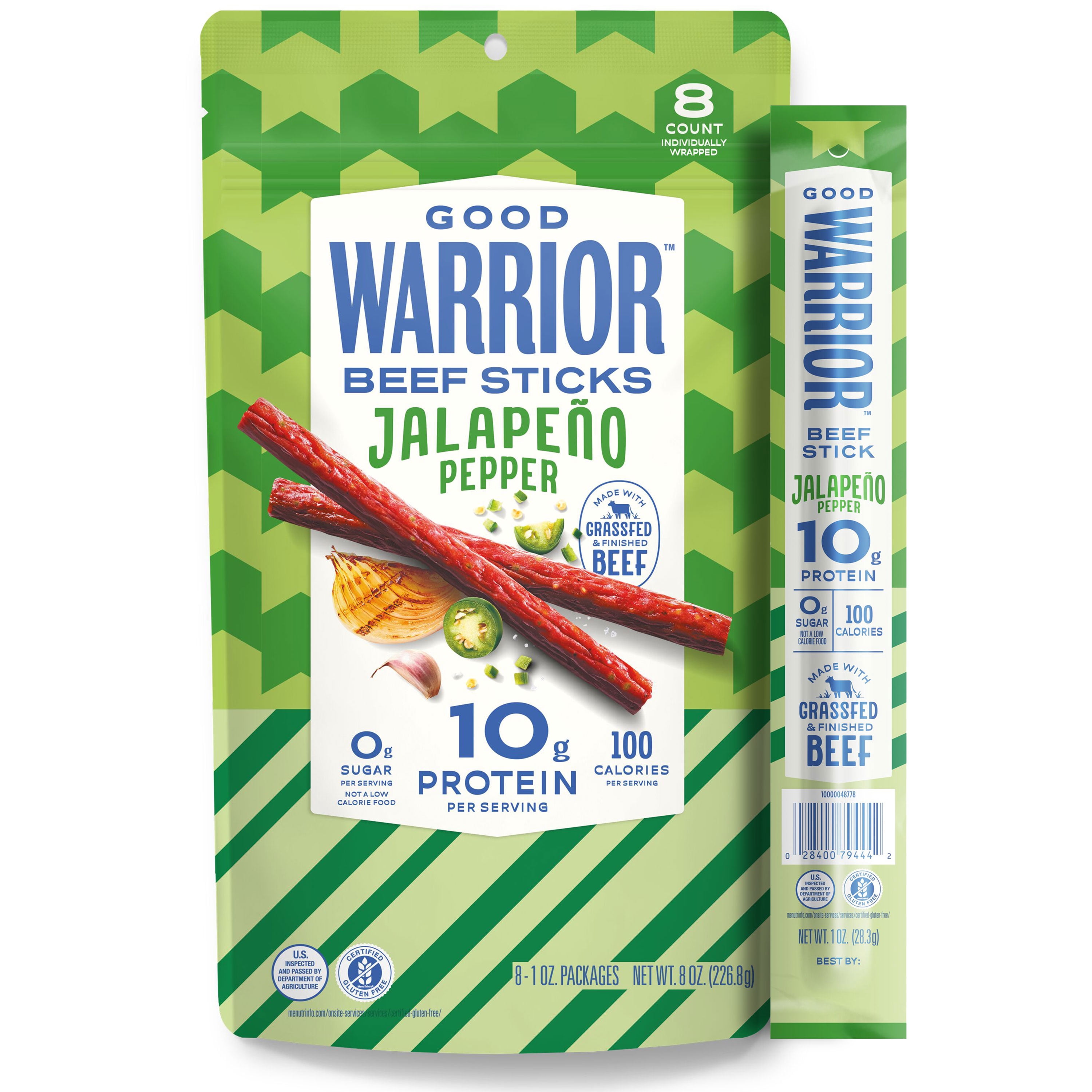 Good Warrior Grassfed & Finished Jalapeno Pepper Beef Sticks, 8 oz Bag