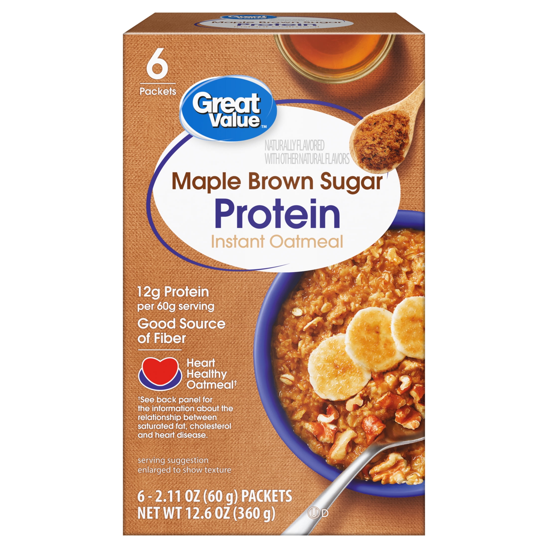 Great Value Maple Brown Sugar Protein Instant Oatmeal, 2.11 oz, 6 Count