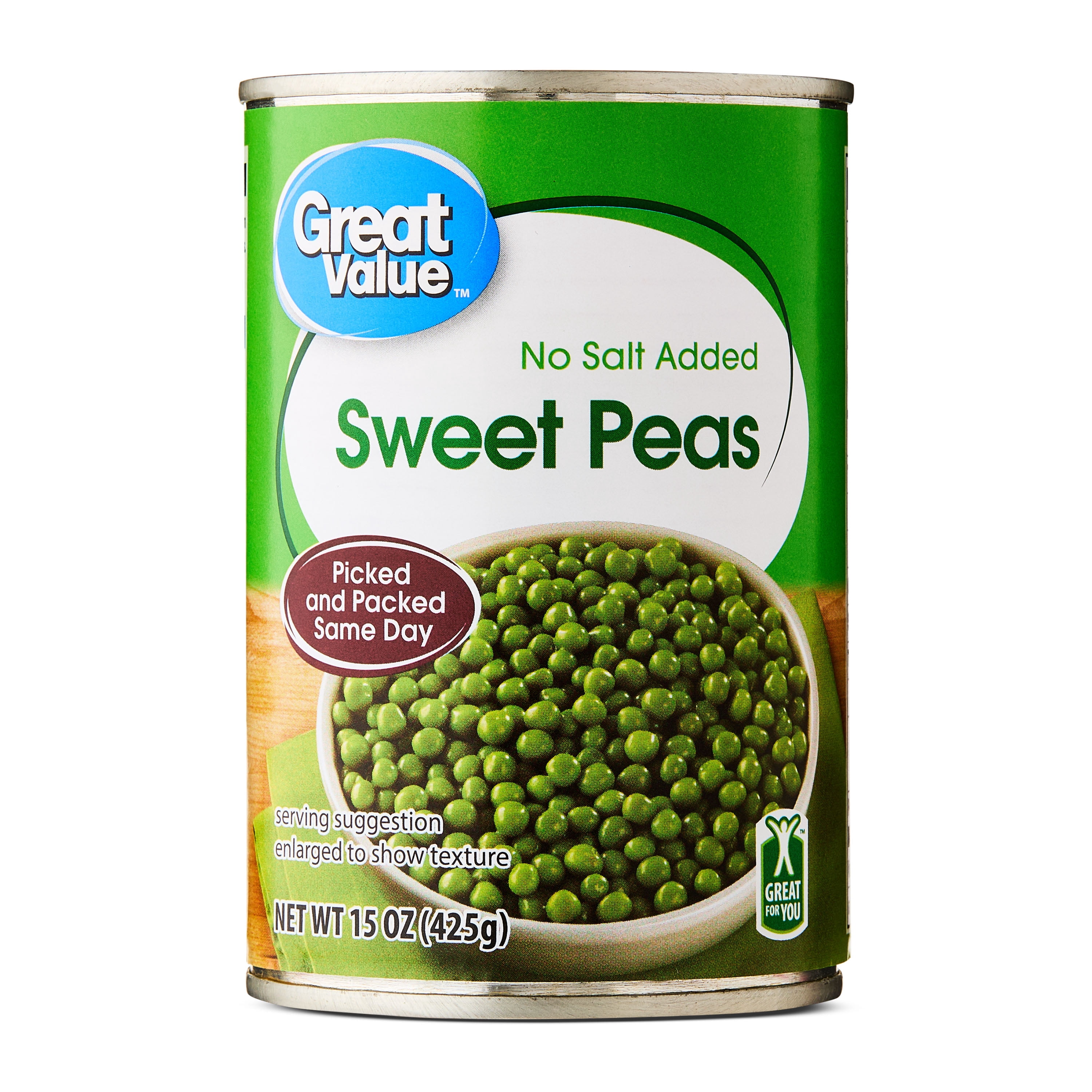 Great Value No Salt Added Green Peas, 15 oz