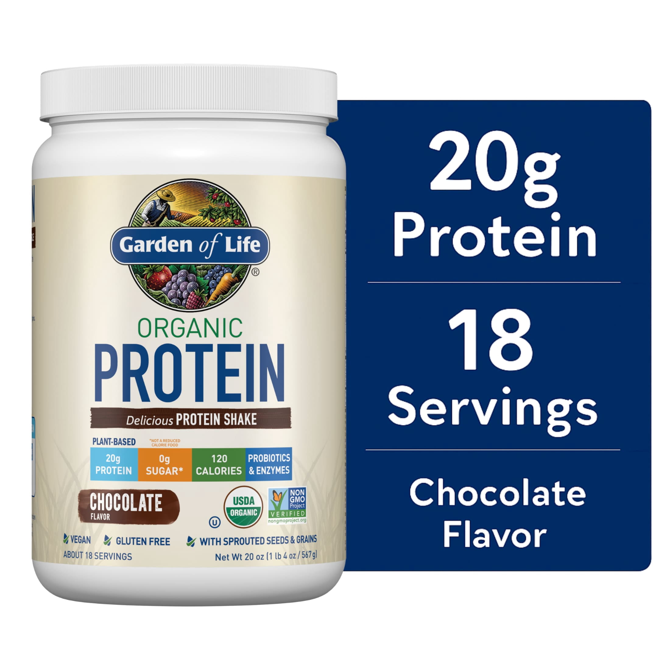 Garden of Life Organic Plant-Based Protein Powder, Chocolate, 20g Protein Shake Drink, Vegan, Probiotics, Digestive Enzymes, 20oz