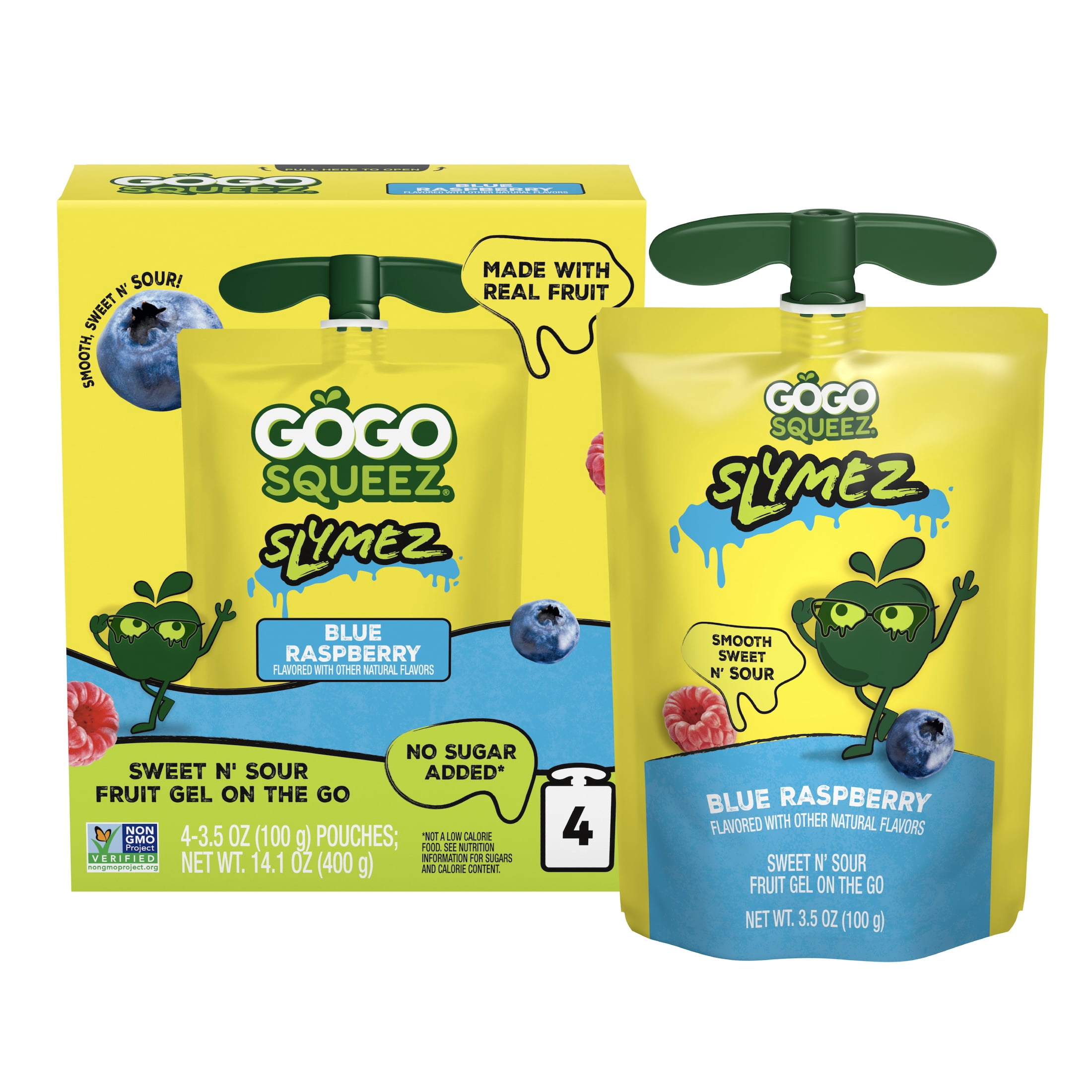 GoGo squeeZ No Sugar Added Blue Raspberry SlymeZ Fruit Gel On The Go, 3.5 oz (4 Pack)