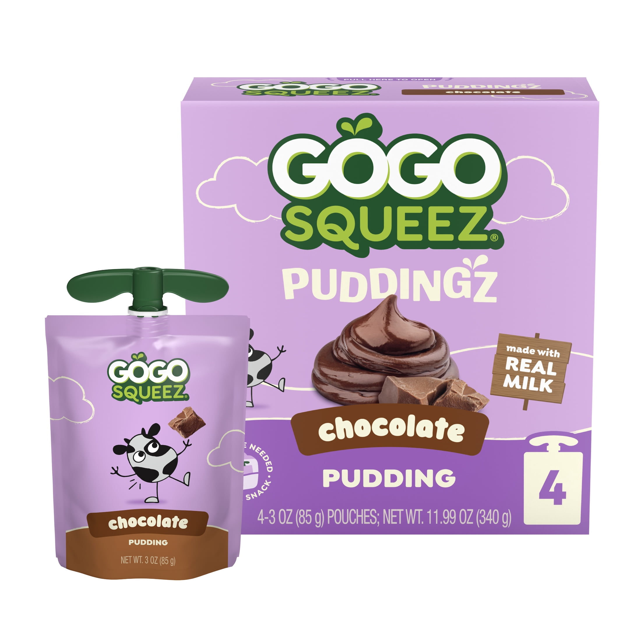 GoGo squeeZ Puddingz On-the-Go Chocolate Pudding Snack Pouches, 3 oz (4 Pack)