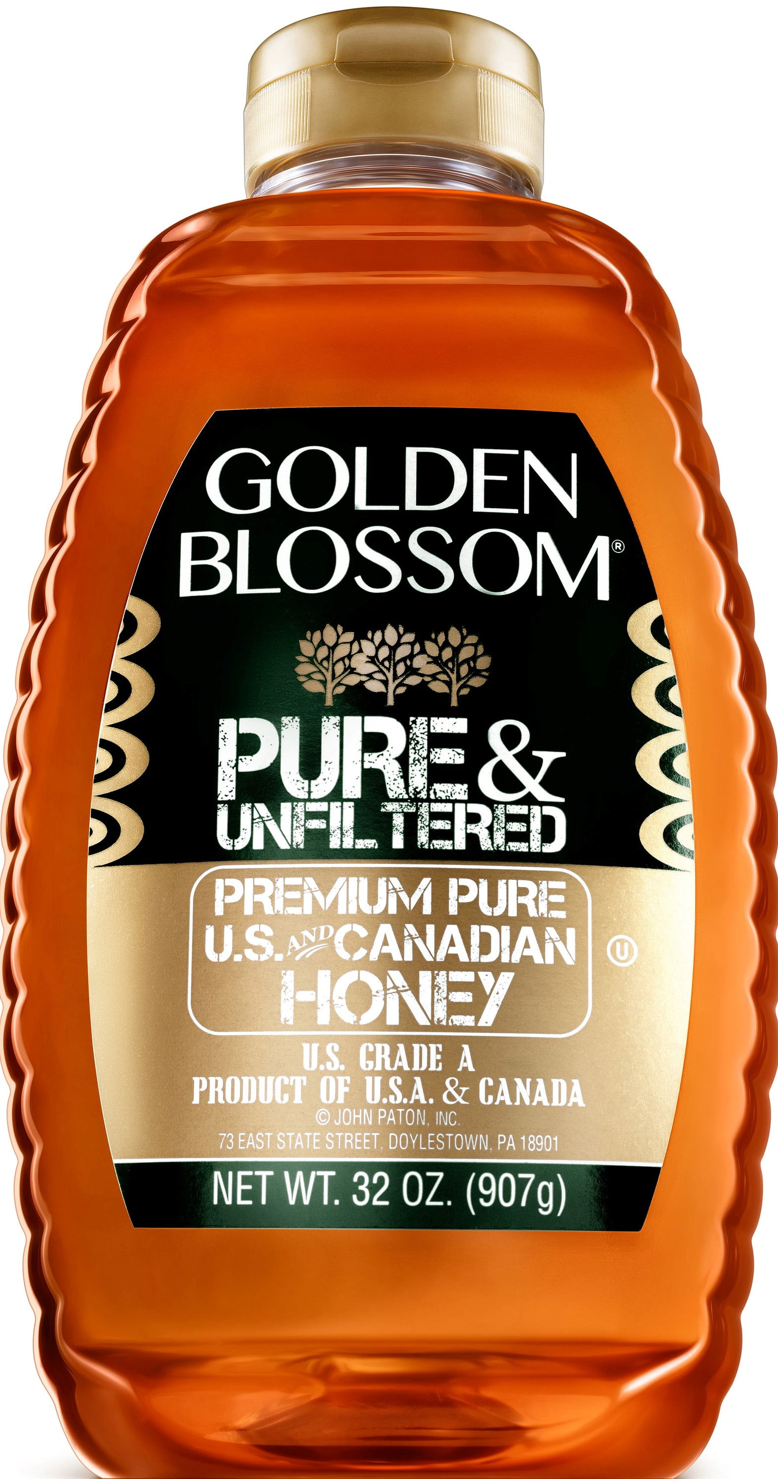 Golden Blossom Pure & Unfiltered Honey, 32 oz Plastic Bottle. Contains no additives or preservatives or added sugars. Naturally Gluten Free. Prepared in a Tree Nut Free Facility