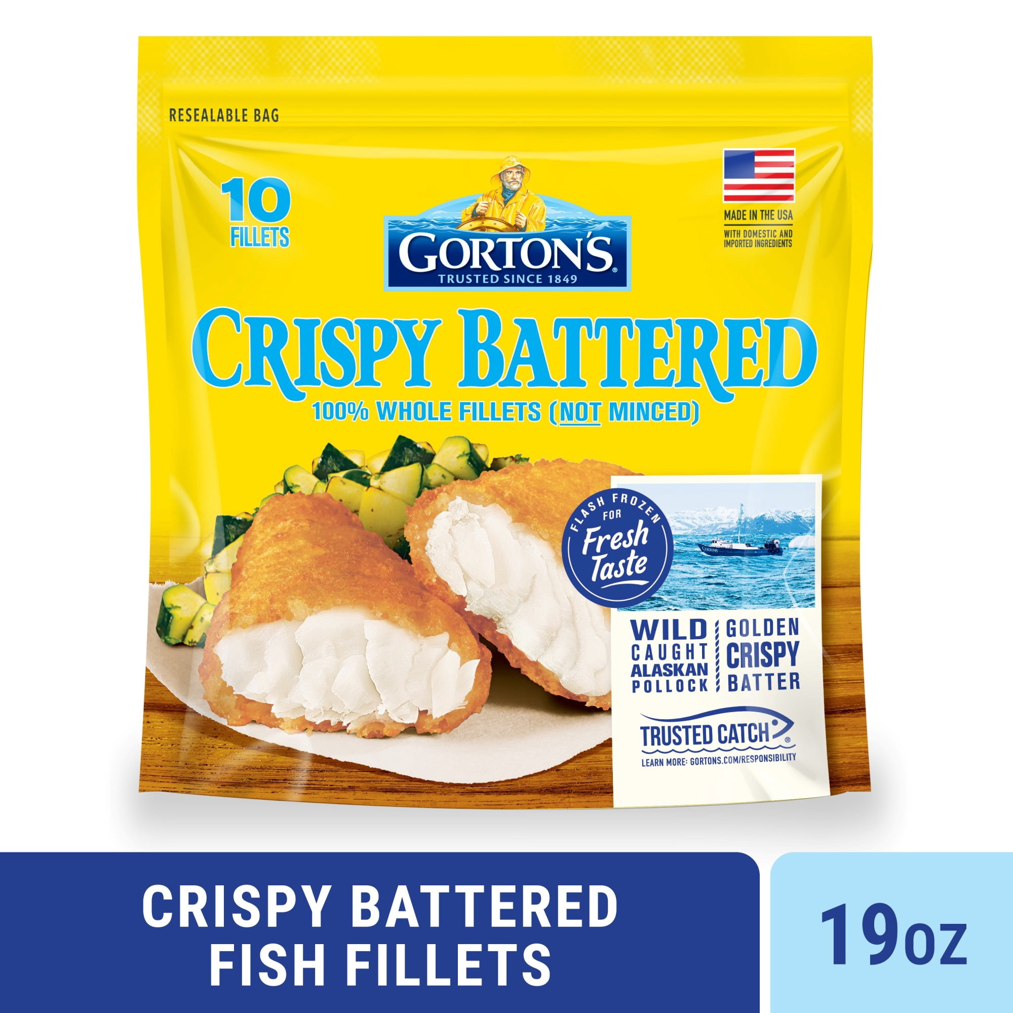 Gortons Crispy Battered Fish Fillets, Whole Wild Caught Alaskan Pollock, 10 Count