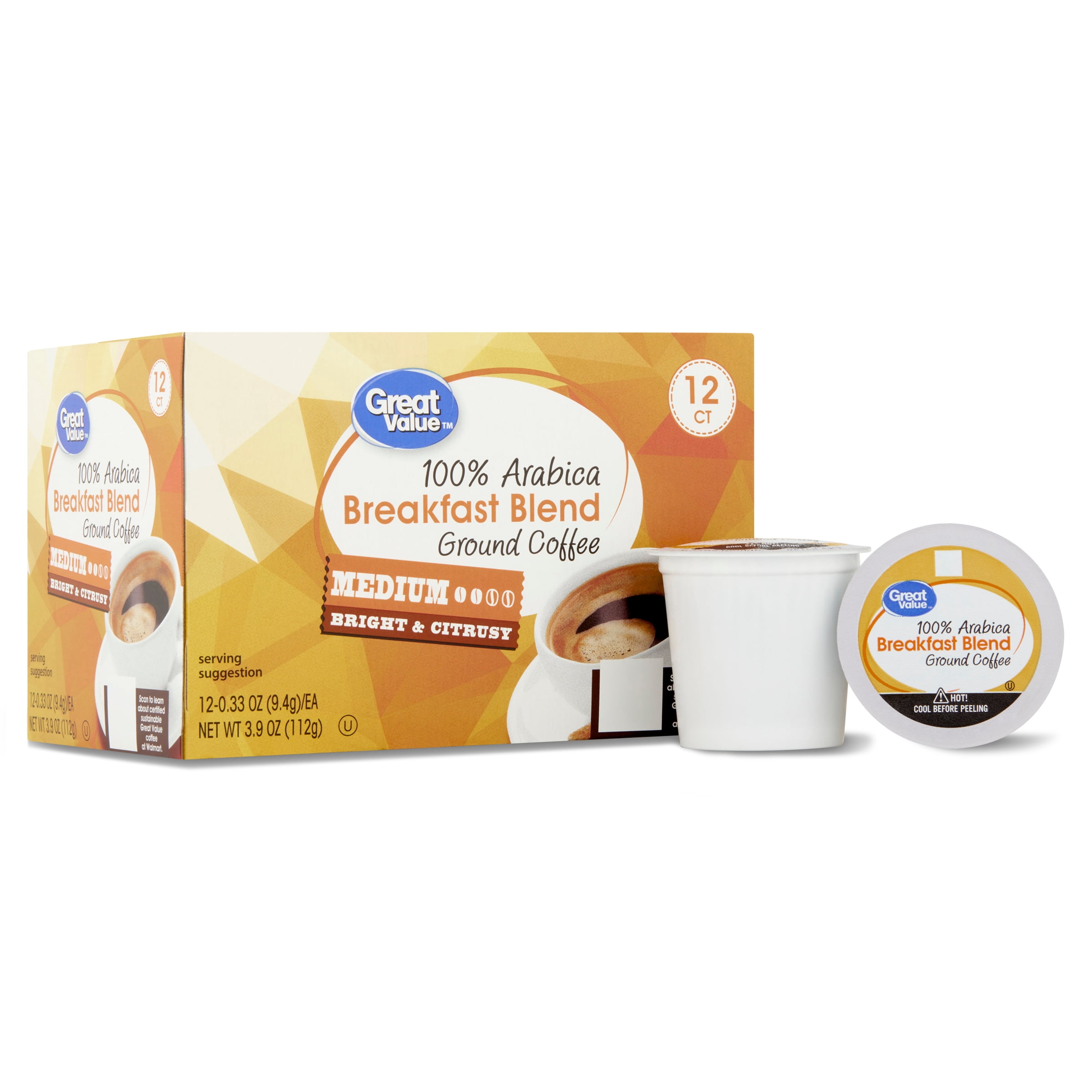 Great Value 100% Arabica Breakfast Blend Medium Roast Ground Coffee Pods, 12 Count