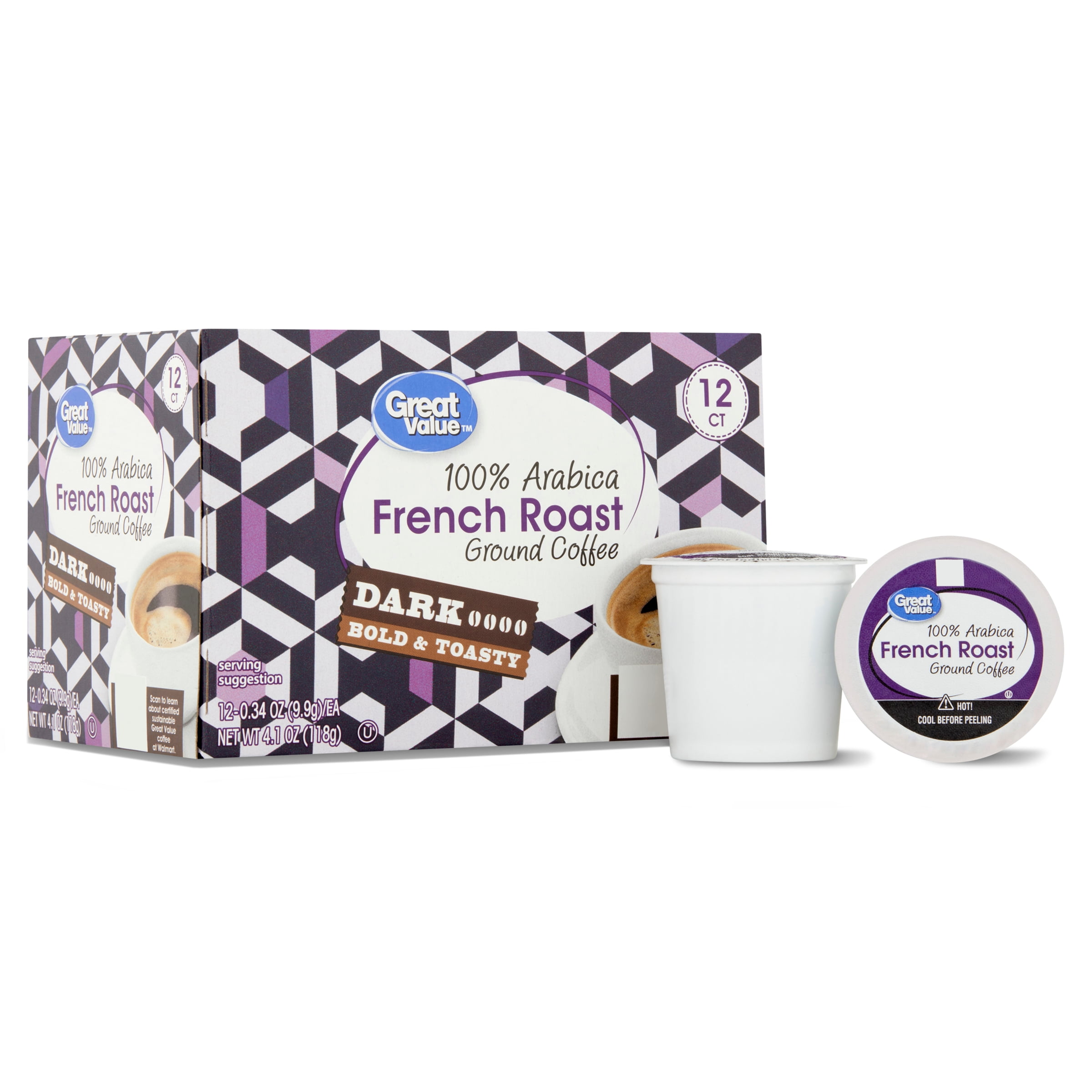 Great Value 100% Arabica French Dark Roast Ground Coffee Pods, 12 Count