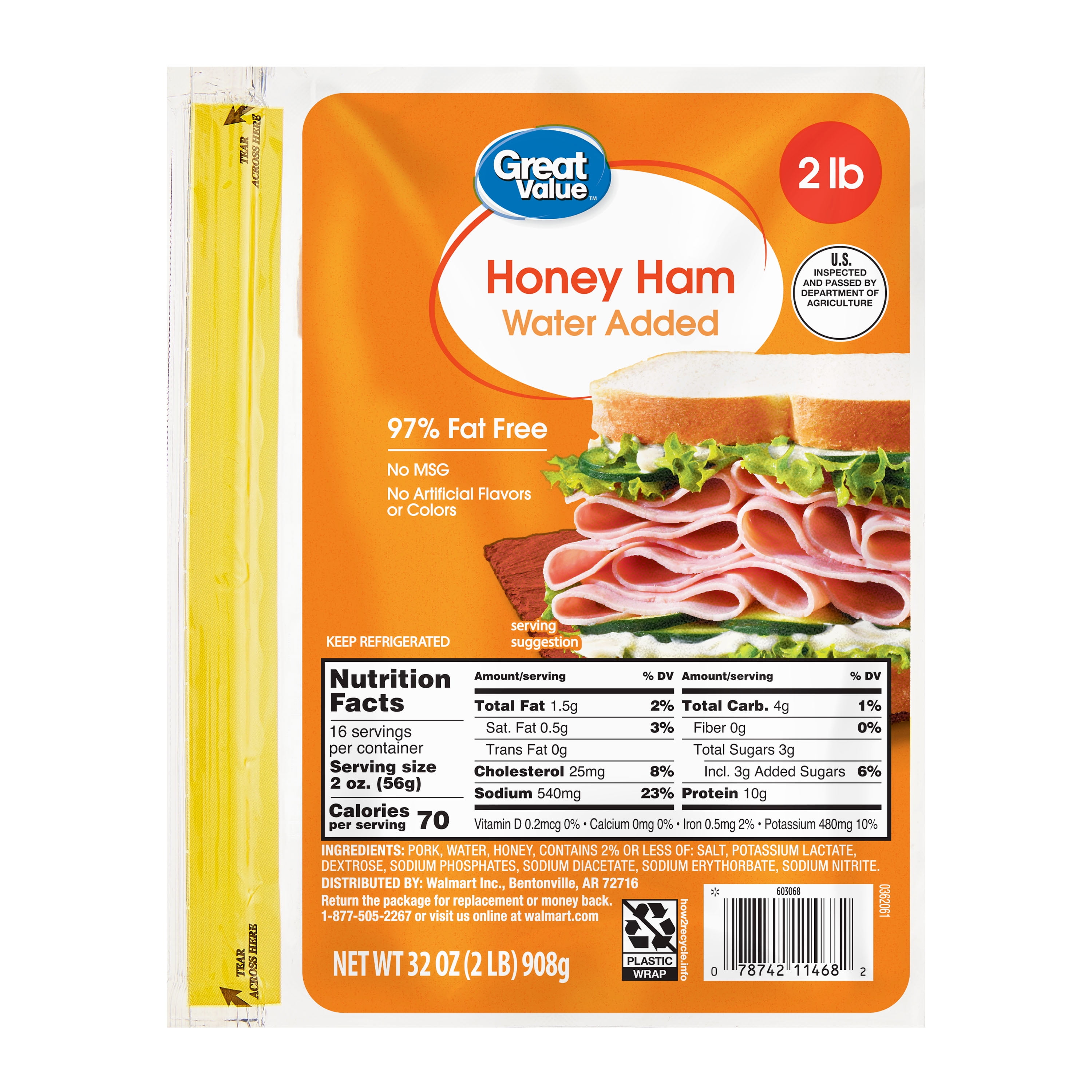 Great Value Fully Cooked Honey Ham, Sliced, 32 oz Plastic Pouch