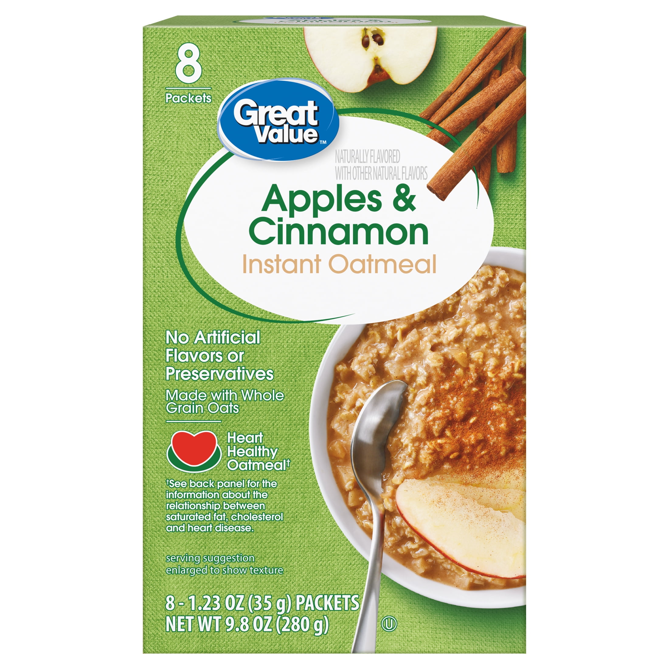 Great Value Apples and Cinnamon Instant Oatmeal, 1.23 oz, 8 Count